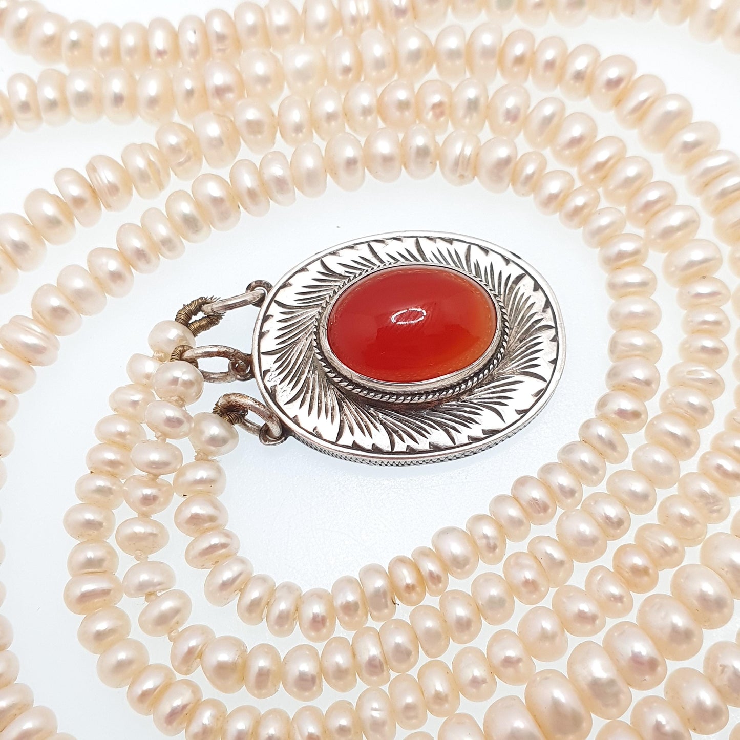Antique Solid Silver Freshwater Pearl Necklace Large Carnelian Clasp Triple Strand Three Genuine Pearls Vintage Jewelry
