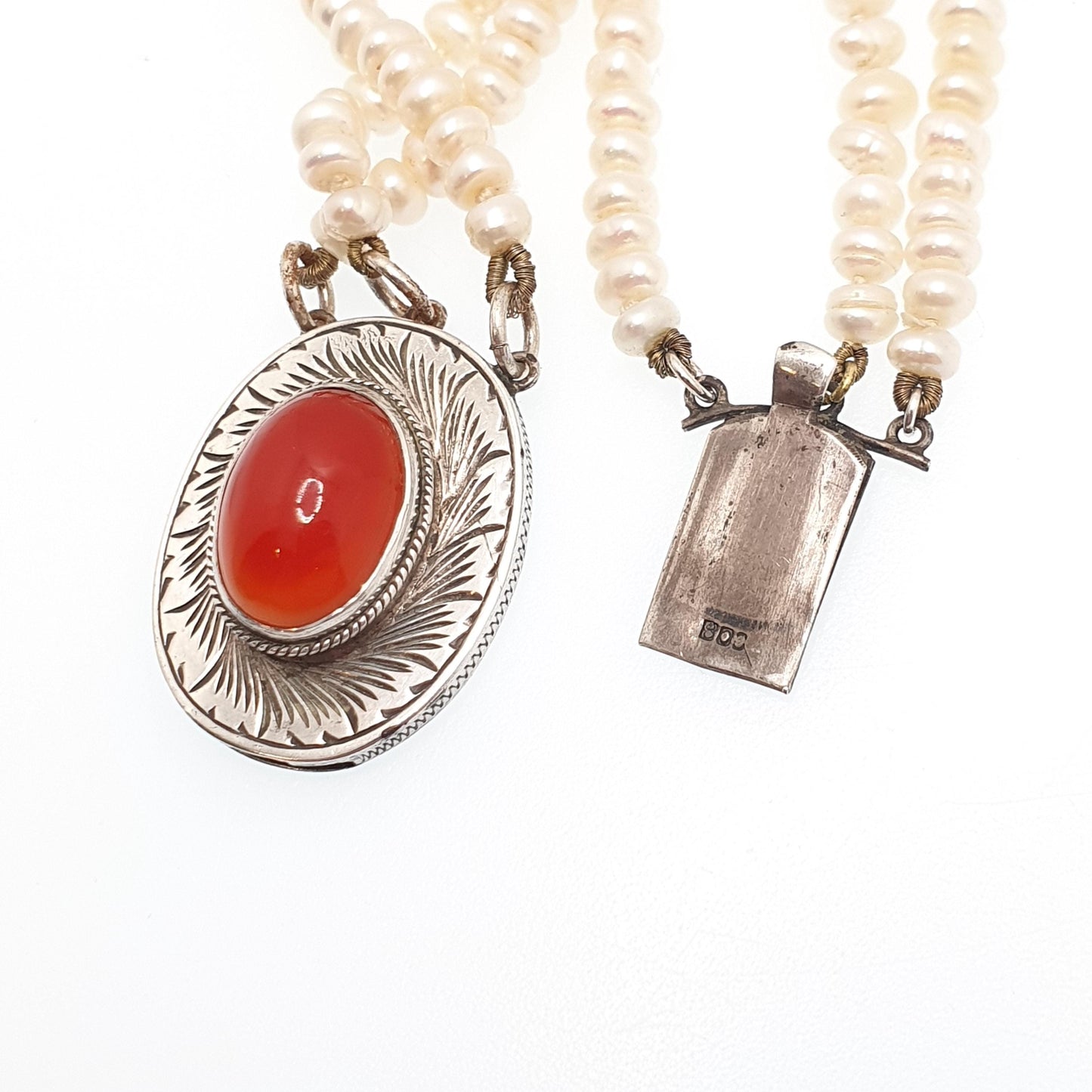 Antique Solid Silver Freshwater Pearl Necklace Large Carnelian Clasp Triple Strand Three Genuine Pearls Vintage Jewelry