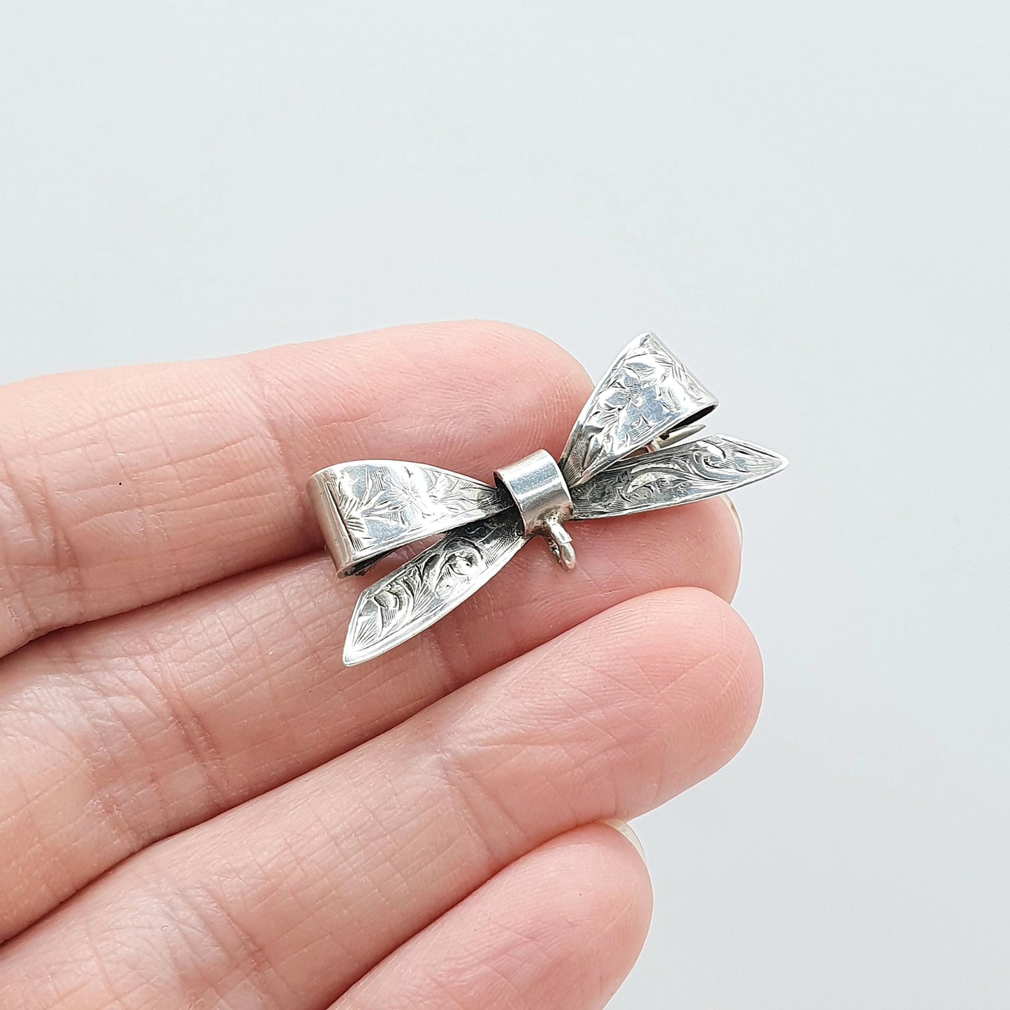 Antique Sterling Silver Bow Brooch Hand Engraved Ribbon Nurse Fob Cute Gift Womens Mens Jewellery Jewelry