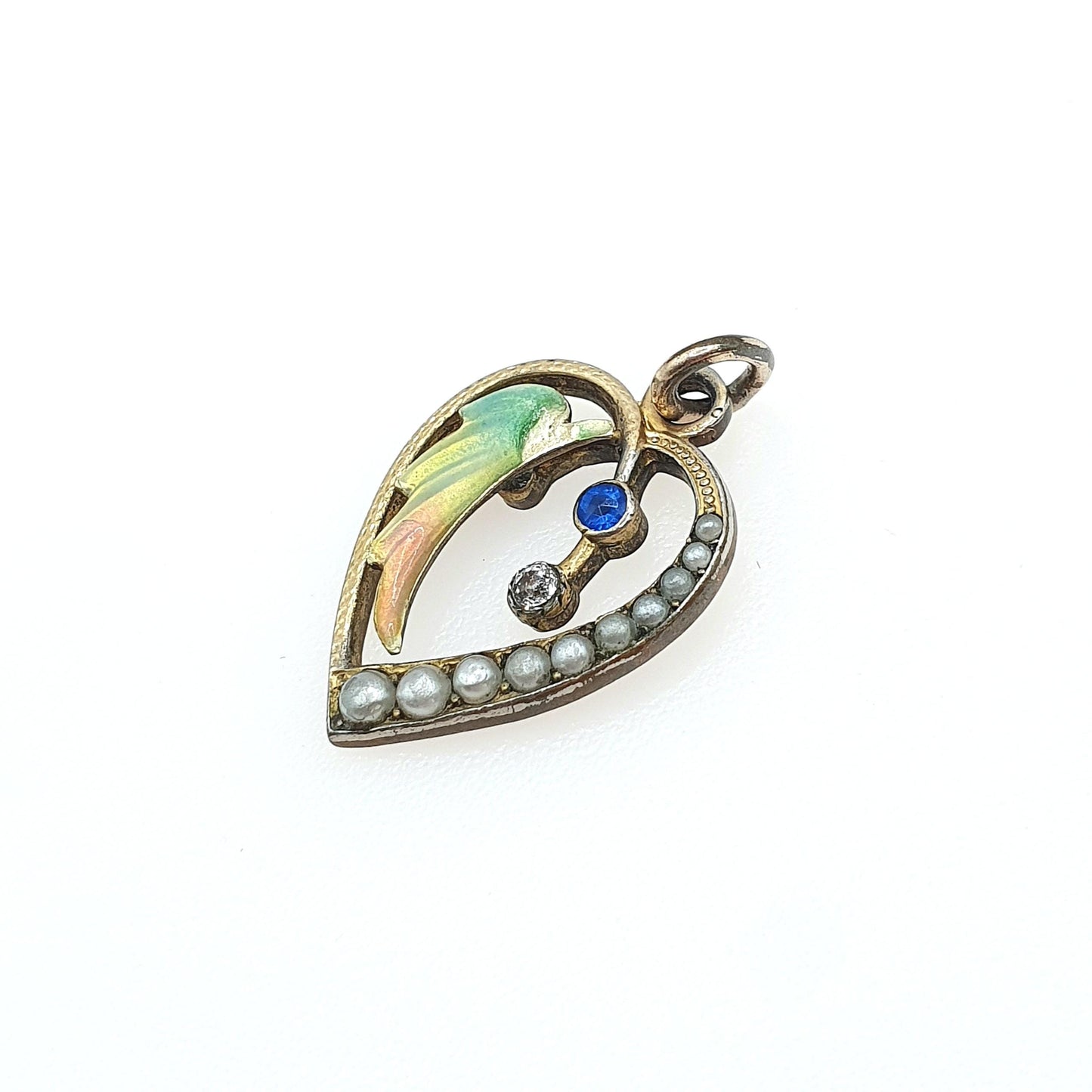 Antique Rolled Gold Front Enamel & Paste Heart Pendant Faux Seed Pearl Multicoloured Womens Jewelry Vintage Jewellery