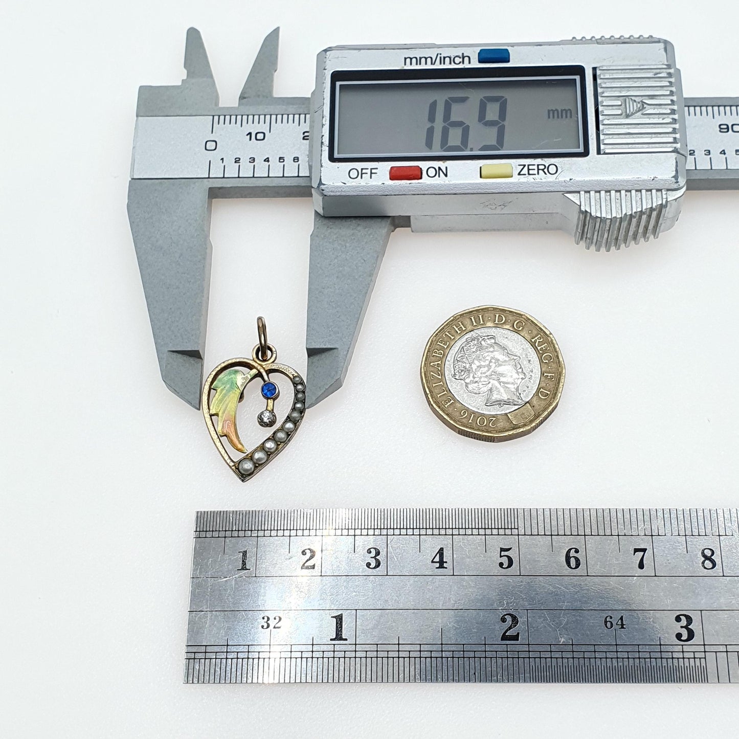 Antique Rolled Gold Front Enamel & Paste Heart Pendant Faux Seed Pearl Multicoloured Womens Jewelry Vintage Jewellery