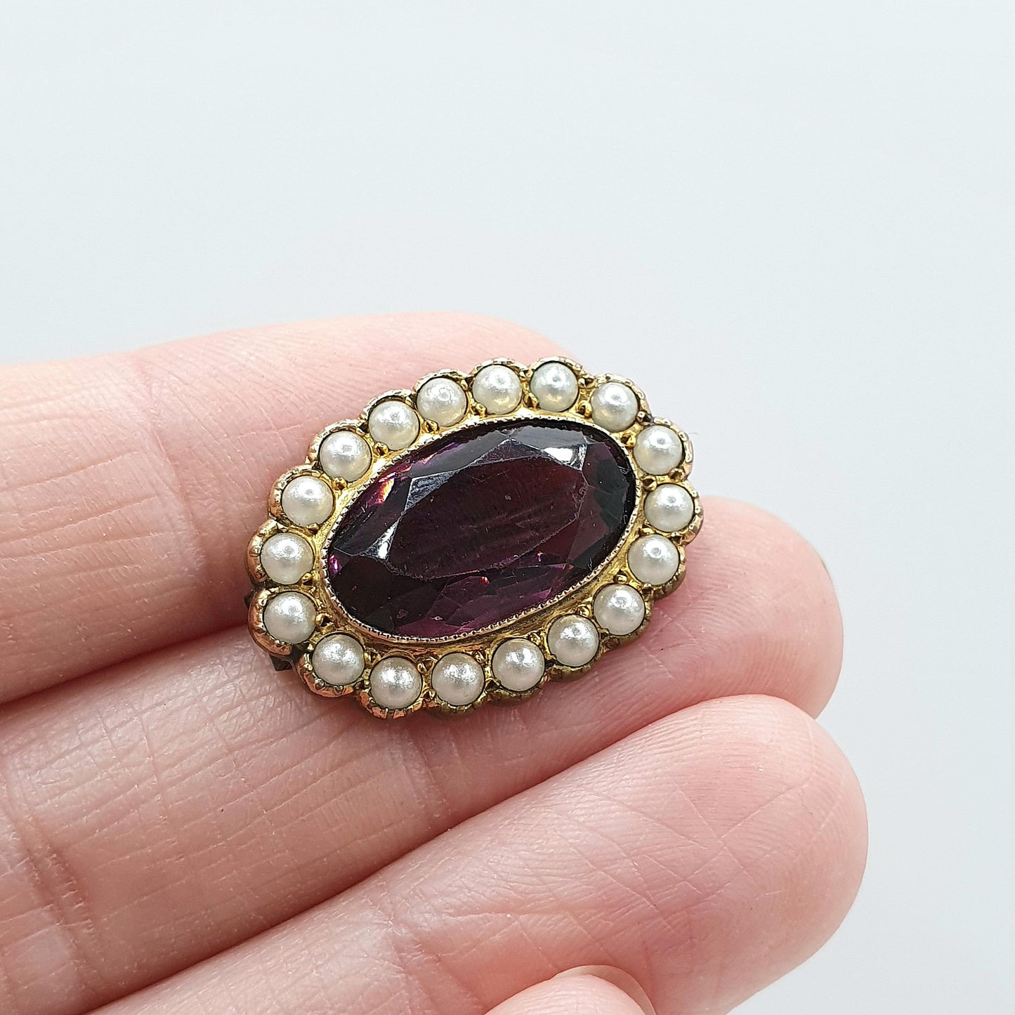 Antique Victorian Gold Gilt Amethyst Paste & Faux Seed Pearl Brooch Oval Cut Purple Womens Ladies Vintage Jewelry Jewellery