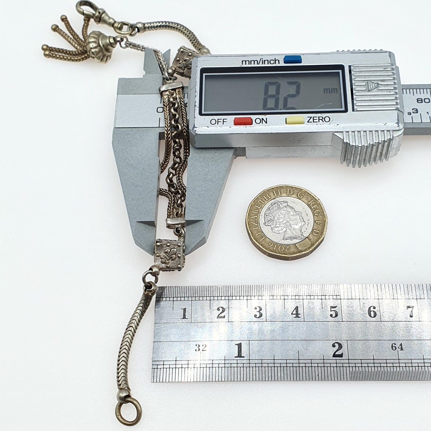 Antique French Albertina Chain Bracelet with Dice Tassel Fob Dog Clip Fleur de Lys Silver Tone Base Metal Jewellery Jewelry 19.5cm 11.16g