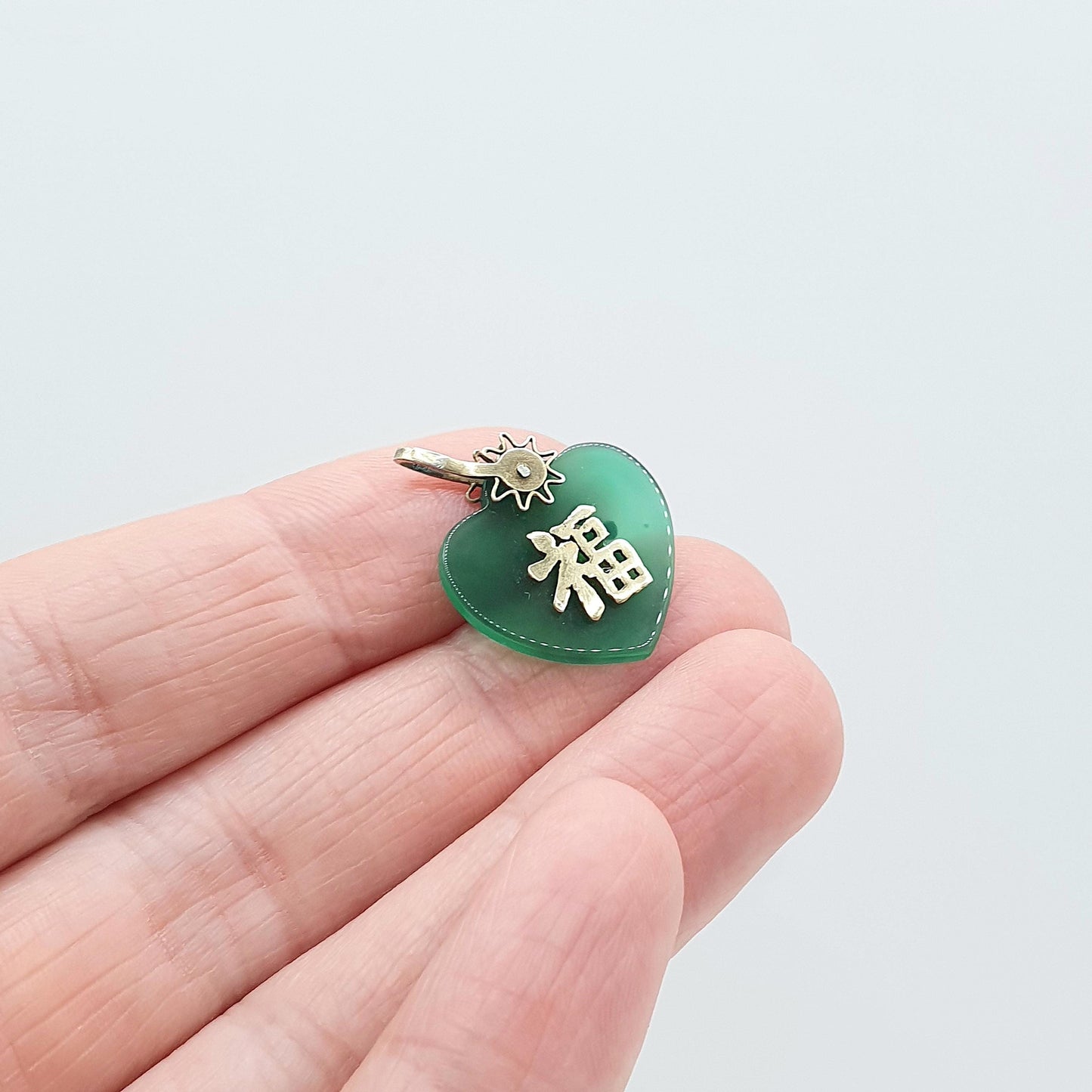 Vintage Chrysoprase Solid Silver Chinese Heart Pendant Necklace China Mandarin Writing Symbol Gold Vermeil Jewelry Jewellery