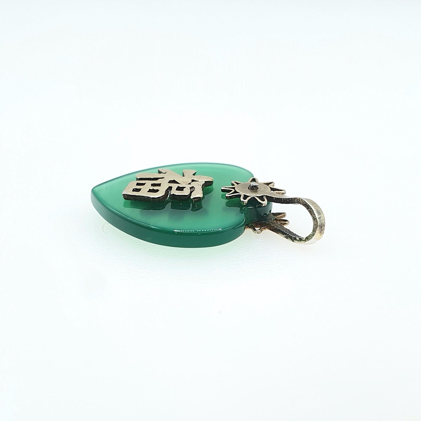 Vintage Chrysoprase Solid Silver Chinese Heart Pendant Necklace China Mandarin Writing Symbol Gold Vermeil Jewelry Jewellery