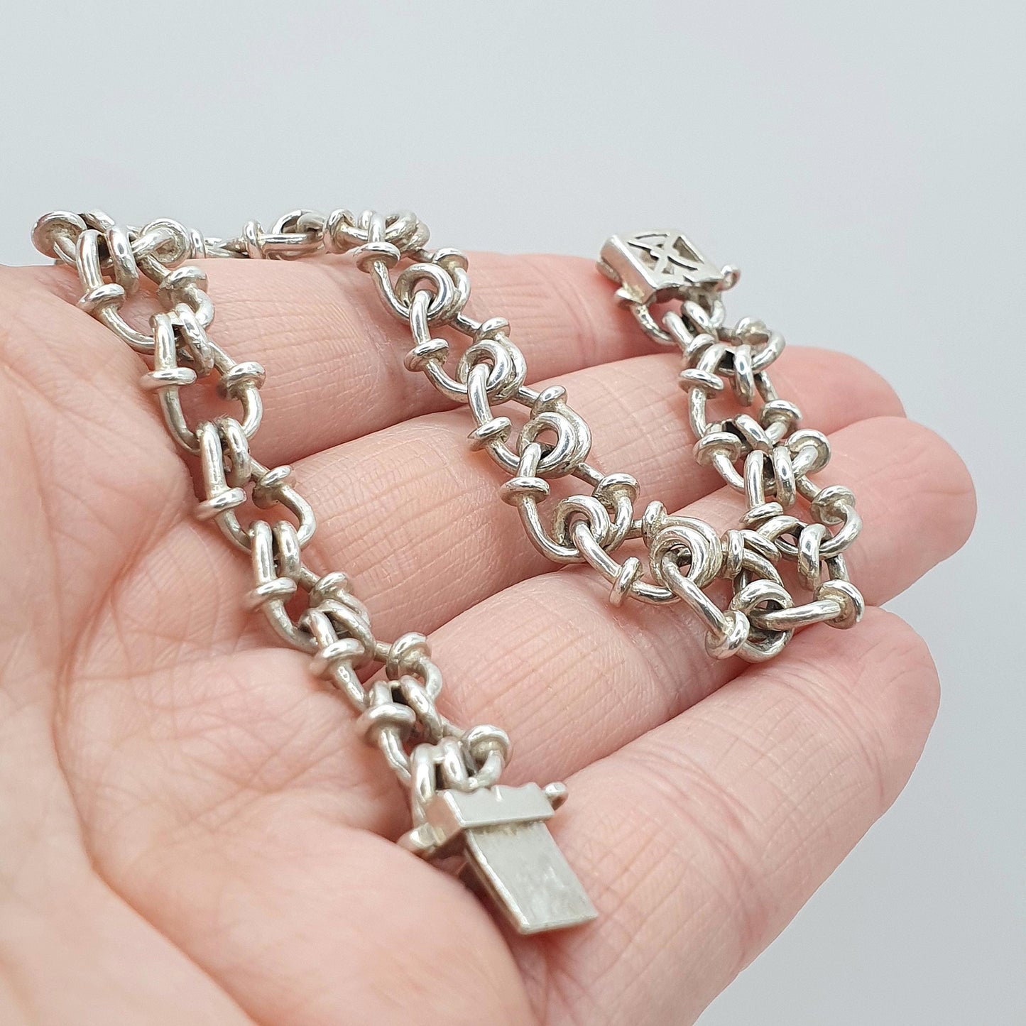 Vintage Solid Silver Bard Wire Style Knot Link Chain Bracelet Beaded Curb 22.21g 19cm Unisex Mens Womens Thick Big Chunky Jewellery