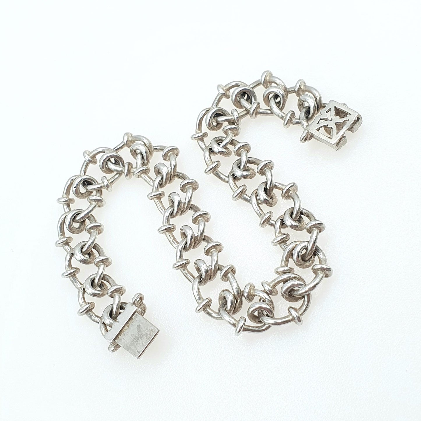 Vintage Solid Silver Bard Wire Style Knot Link Chain Bracelet Beaded Curb 22.21g 19cm Unisex Mens Womens Thick Big Chunky Jewellery