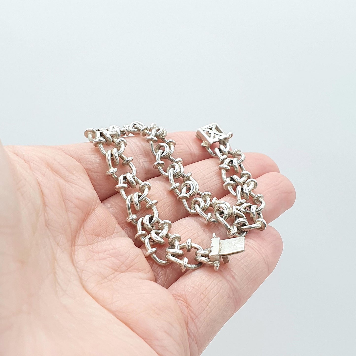 Vintage Solid Silver Bard Wire Style Knot Link Chain Bracelet Beaded Curb 22.21g 19cm Unisex Mens Womens Thick Big Chunky Jewellery