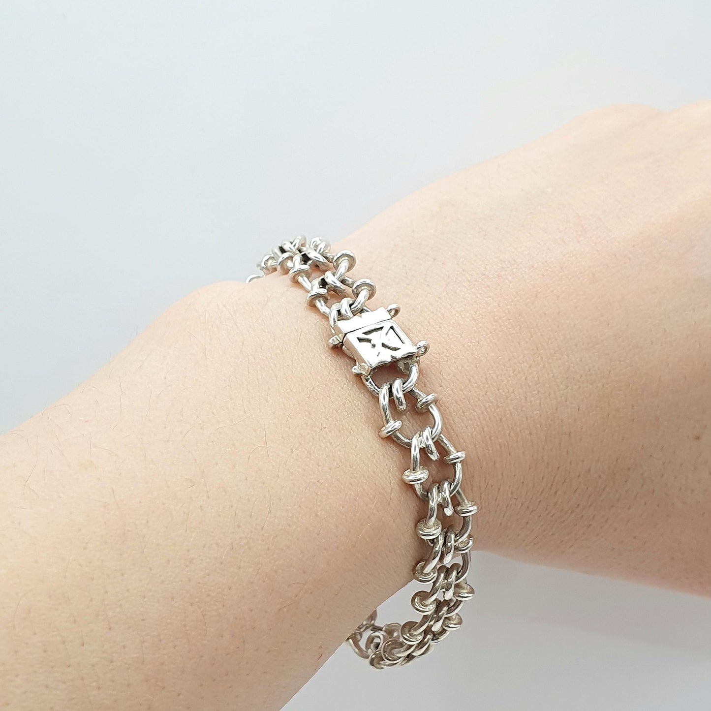 Vintage Solid Silver Bard Wire Style Knot Link Chain Bracelet Beaded Curb 22.21g 19cm Unisex Mens Womens Thick Big Chunky Jewellery