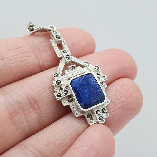 Antique Art Deco Solid Silver Sodalite & Marcasite Pendant Blue Gemstone Rectangular Cut  1920s Womens Vintage Jewelry Jewellery