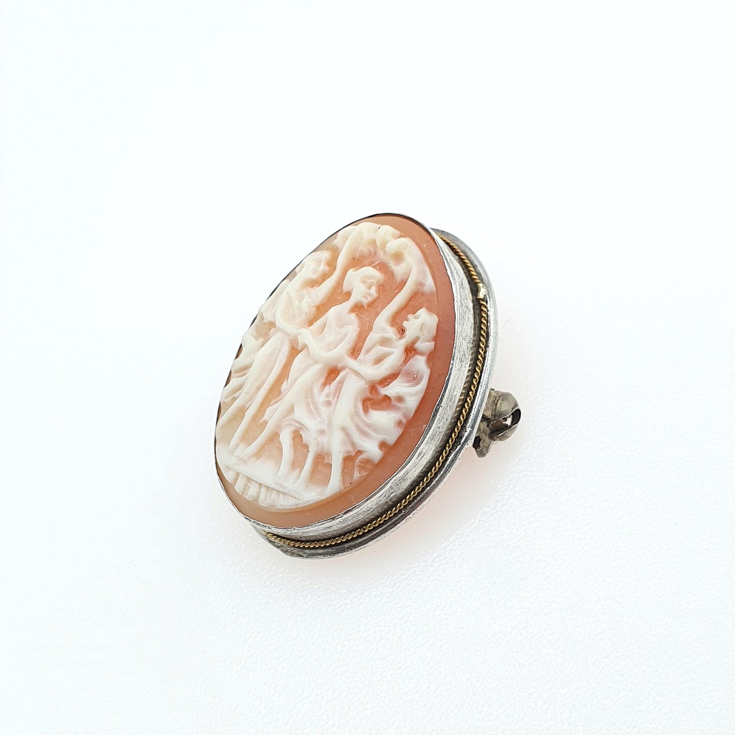 Antique Solid Silver Three Graces Cameo Brooch Hand Carved Shell Mythology Vintage Womens Jewellery Jewelry