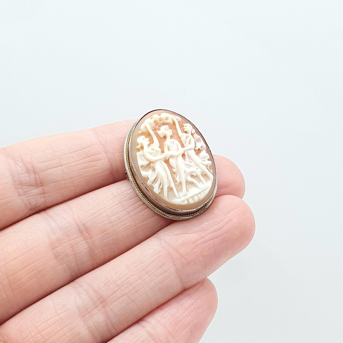 Antique Solid Silver Three Graces Cameo Brooch Hand Carved Shell Mythology Vintage Womens Jewellery Jewelry