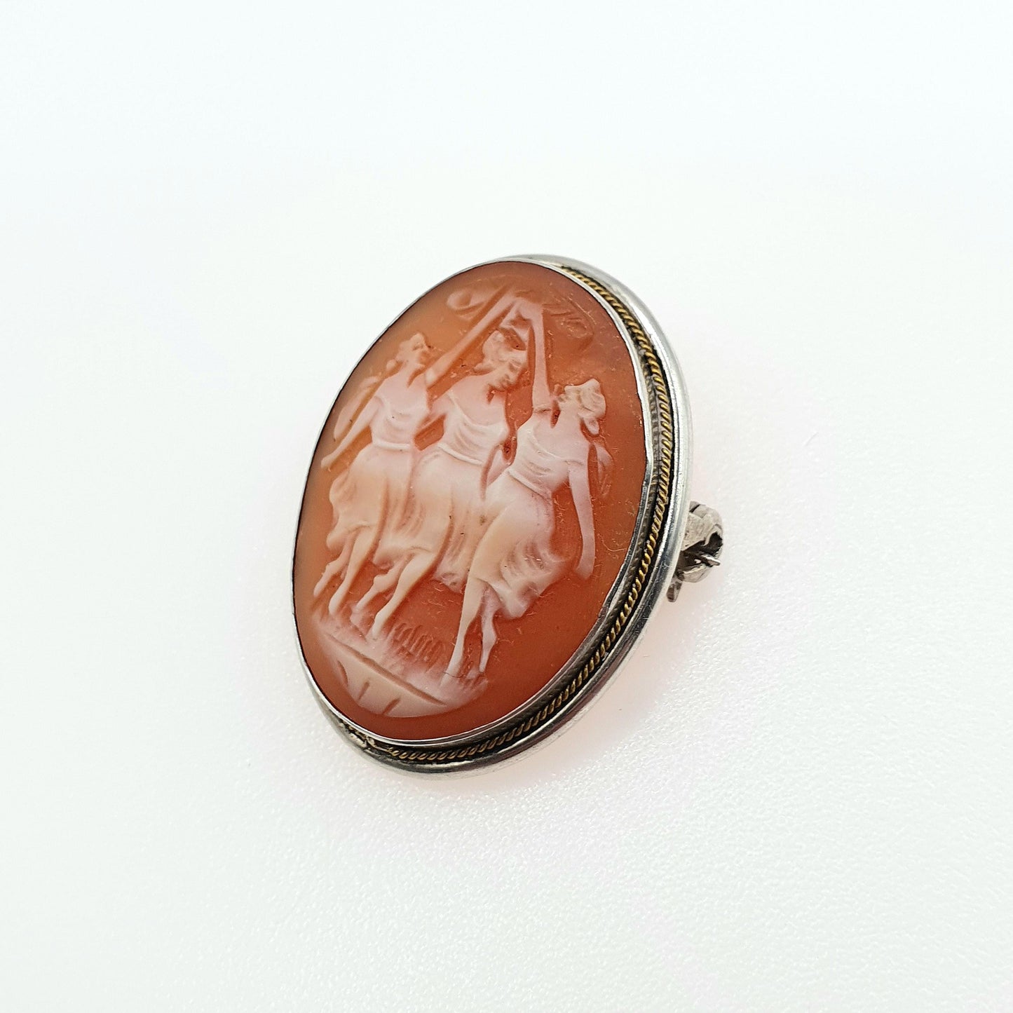 Antique Solid Silver Three Graces Cameo Brooch Necklace Hand Carved Shell Pendant Mythology Vintage Unisex Jewellery Jewelry