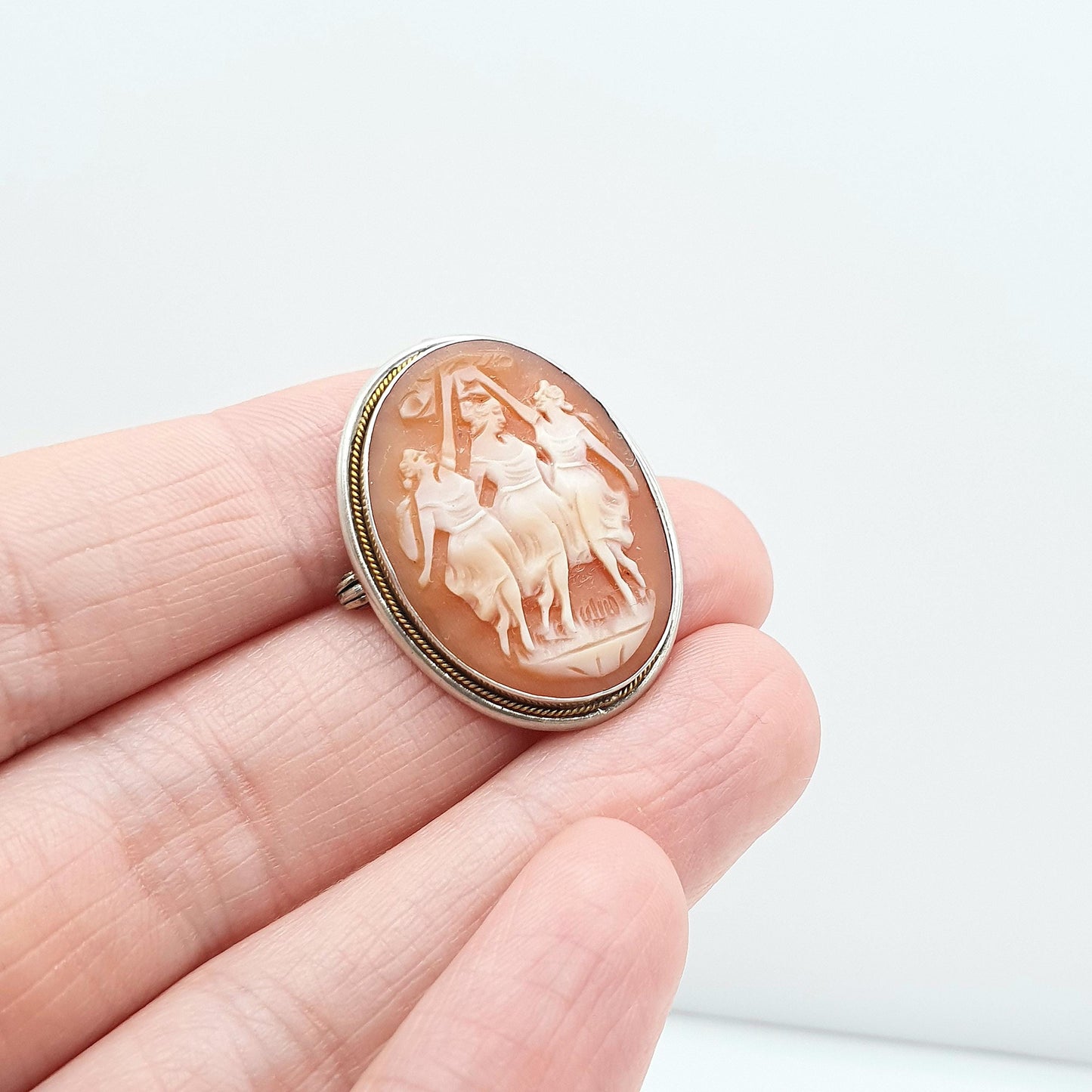 Antique Solid Silver Three Graces Cameo Brooch Necklace Hand Carved Shell Pendant Mythology Vintage Unisex Jewellery Jewelry