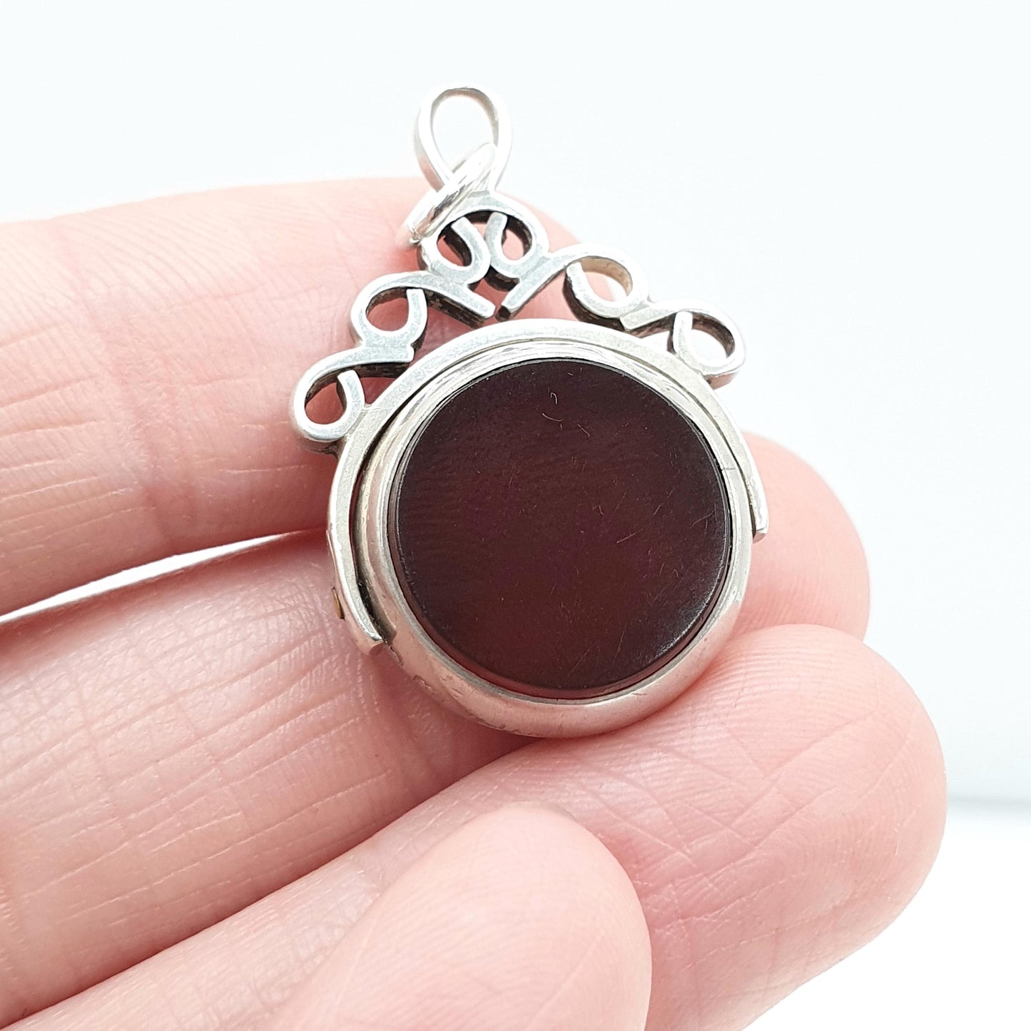Antique Victorian Sterling Silver Bloodstone Spinner Fob Pendant 1884 Hallmark Carnelian Necklace Vintage Mens Womens Jewelry Jewellery