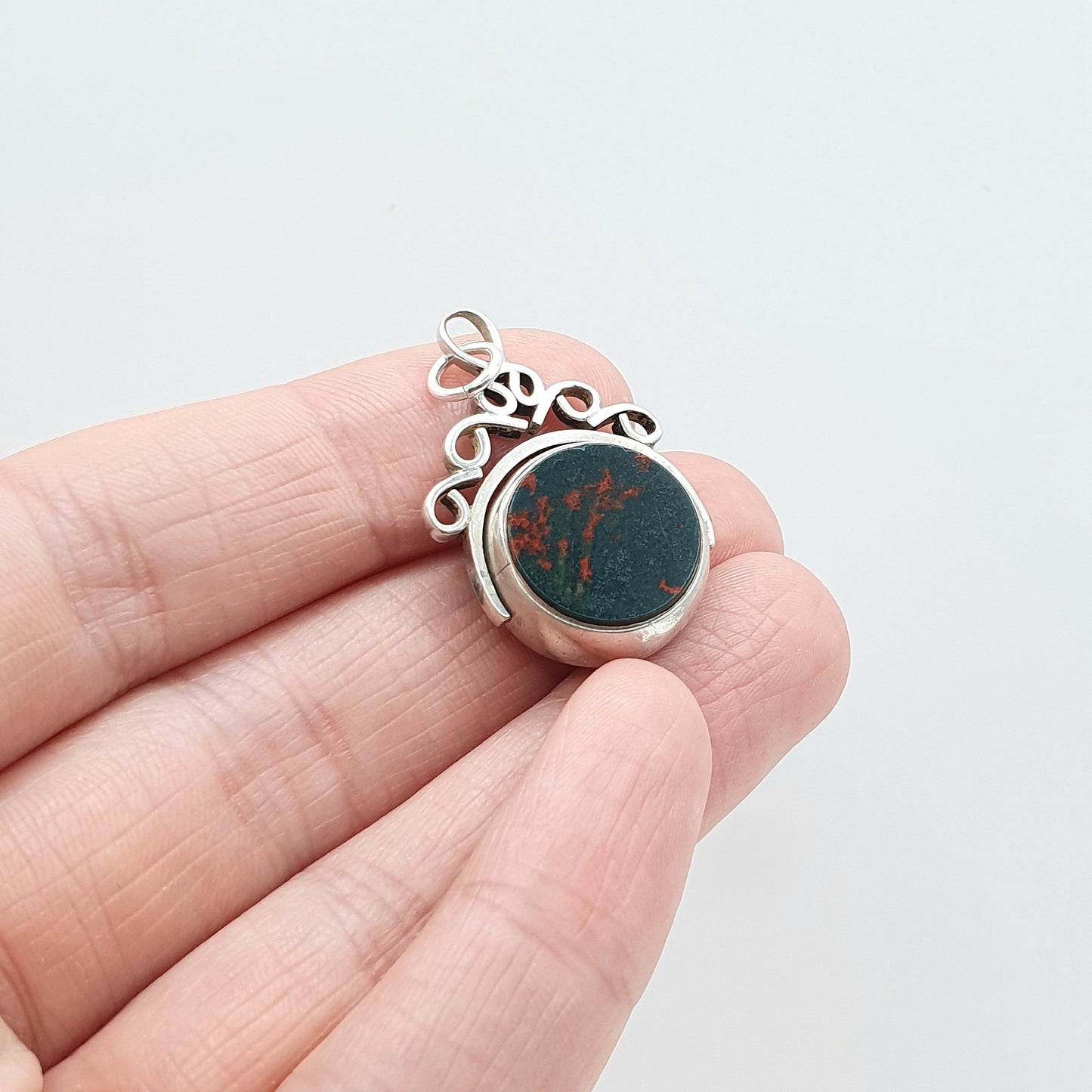 Antique Victorian Sterling Silver Bloodstone Spinner Fob Pendant 1884 Hallmark Carnelian Necklace Vintage Mens Womens Jewelry Jewellery