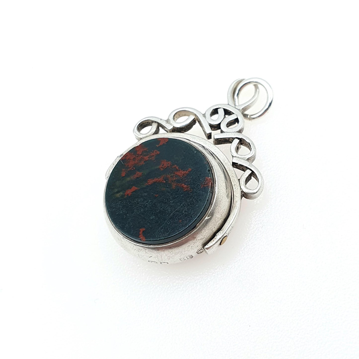 Antique Victorian Sterling Silver Bloodstone Spinner Fob Pendant 1884 Hallmark Carnelian Necklace Vintage Mens Womens Jewelry Jewellery