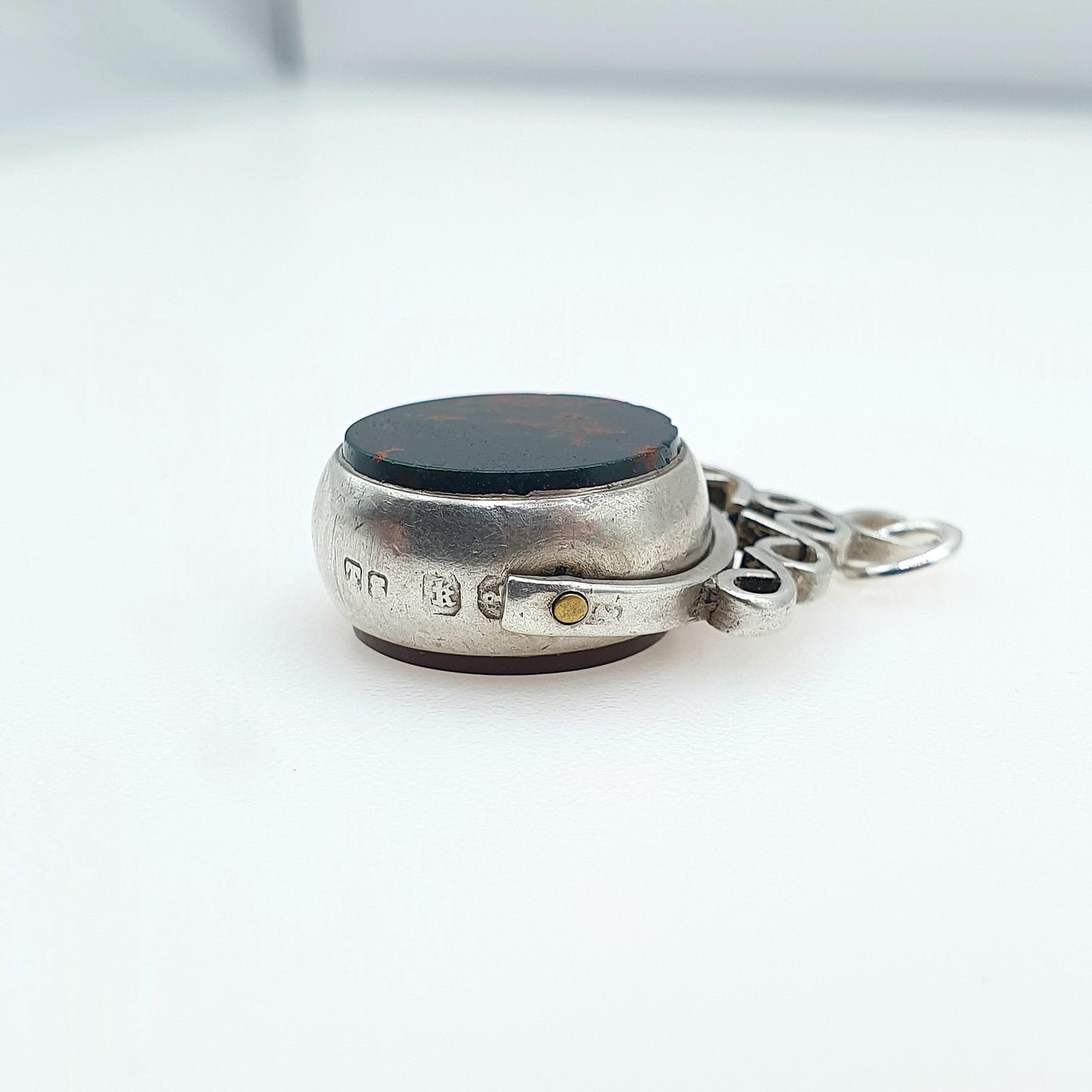 Antique Victorian Sterling Silver Bloodstone Spinner Fob Pendant 1884 Hallmark Carnelian Necklace Vintage Mens Womens Jewelry Jewellery
