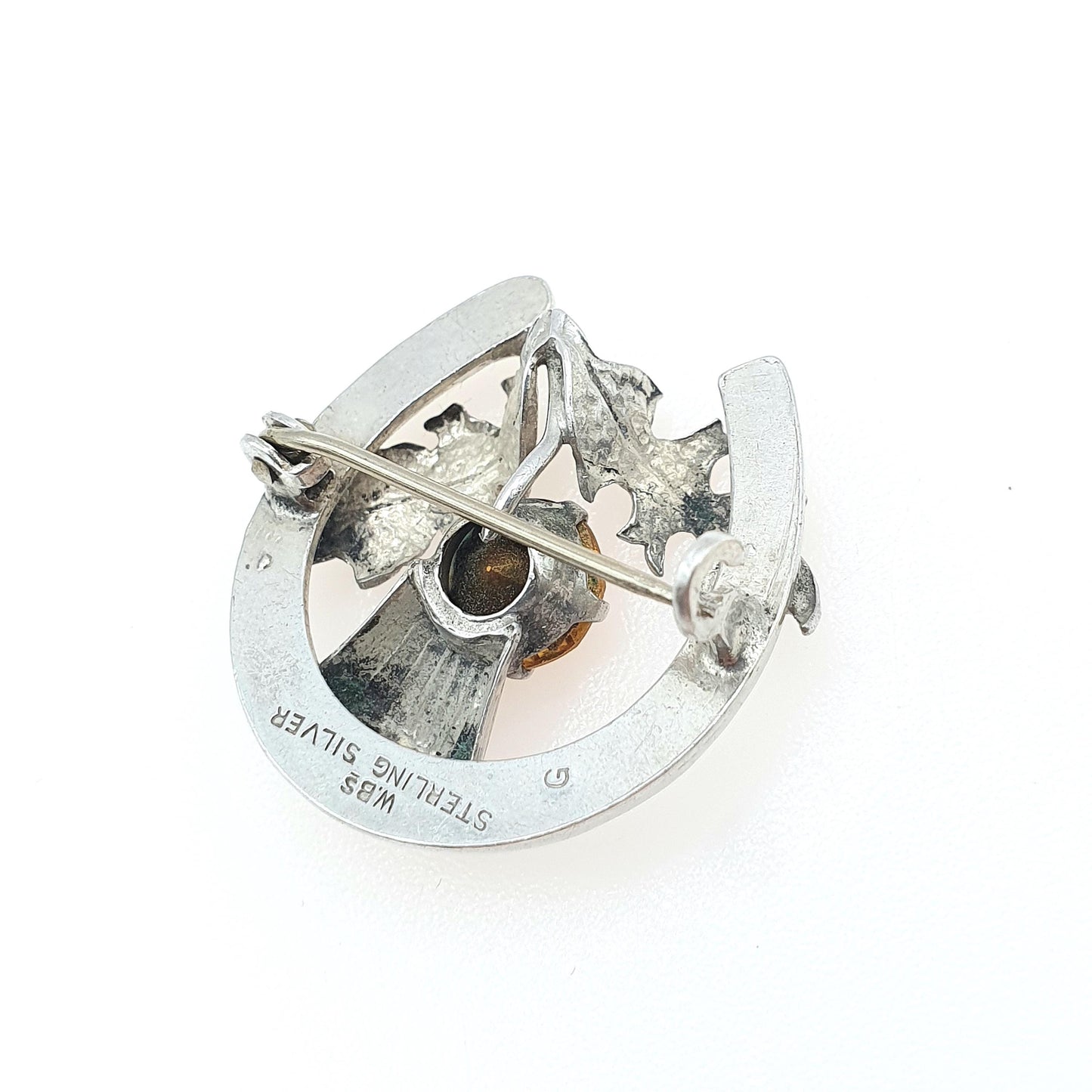 Antique Sterling Silver Citrine Paste Thistle Horseshoe Brooch Scottish Flower Good Luck Lucky Vintage Jewelry Jewellery