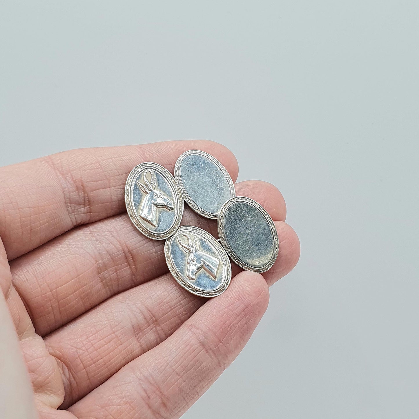Old Vintage Solid Silver Stag Cuff Links Cufflinks Oval Chain Deer Animal Hunting Unisex Gent Mens Jewelry Jewellery