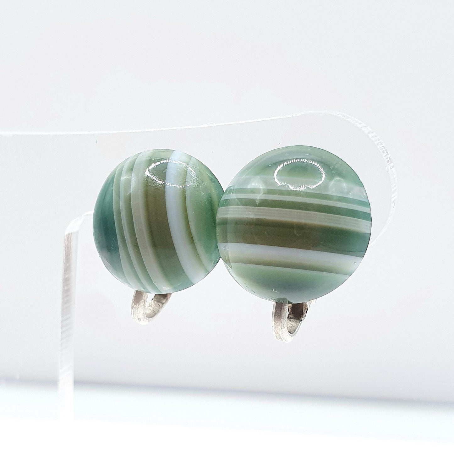Antique Art Deco Green Agate Earrings Banded Striped Round Clip On Mens Unisex Gift Jewelry Jewellery Womens