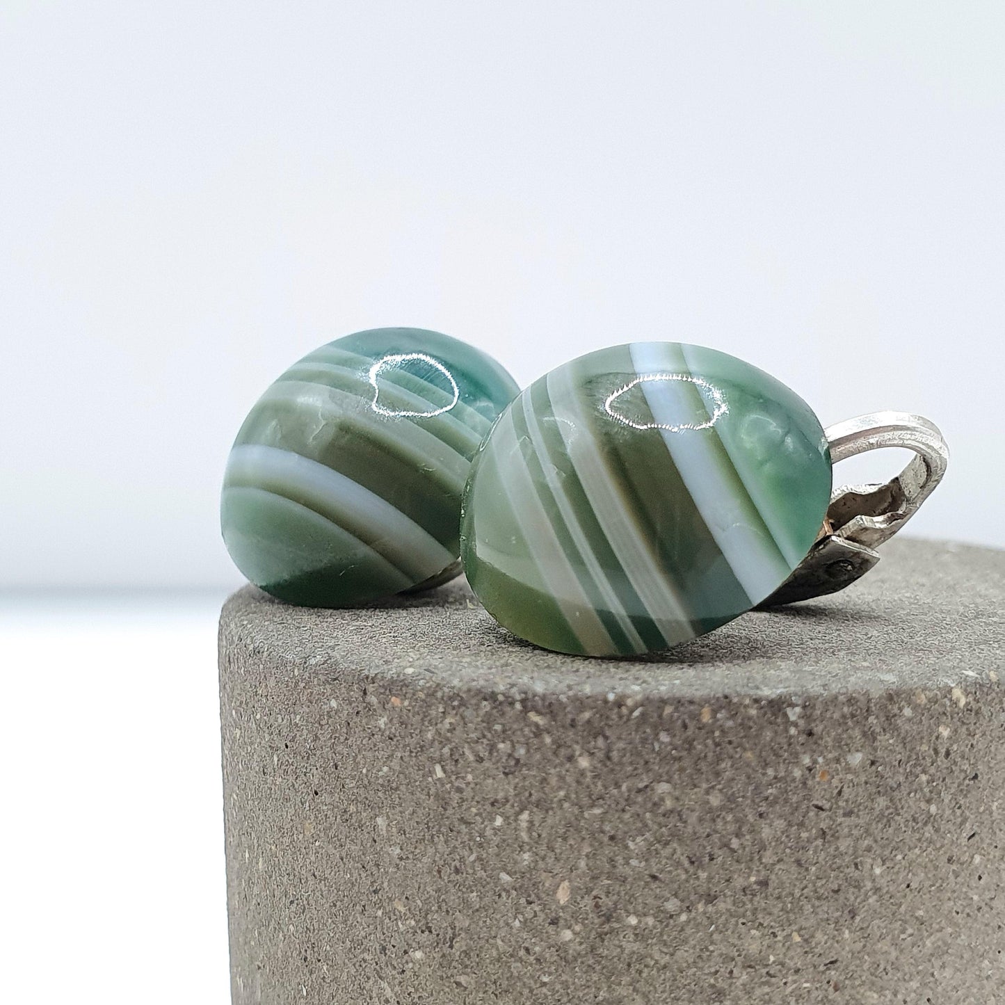Antique Art Deco Green Agate Earrings Banded Striped Round Clip On Mens Unisex Gift Jewelry Jewellery Womens