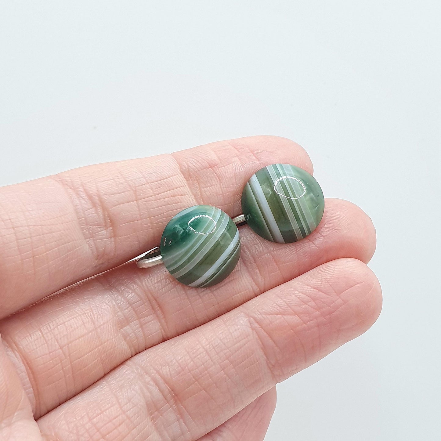 Antique Art Deco Green Agate Earrings Banded Striped Round Clip On Mens Unisex Gift Jewelry Jewellery Womens