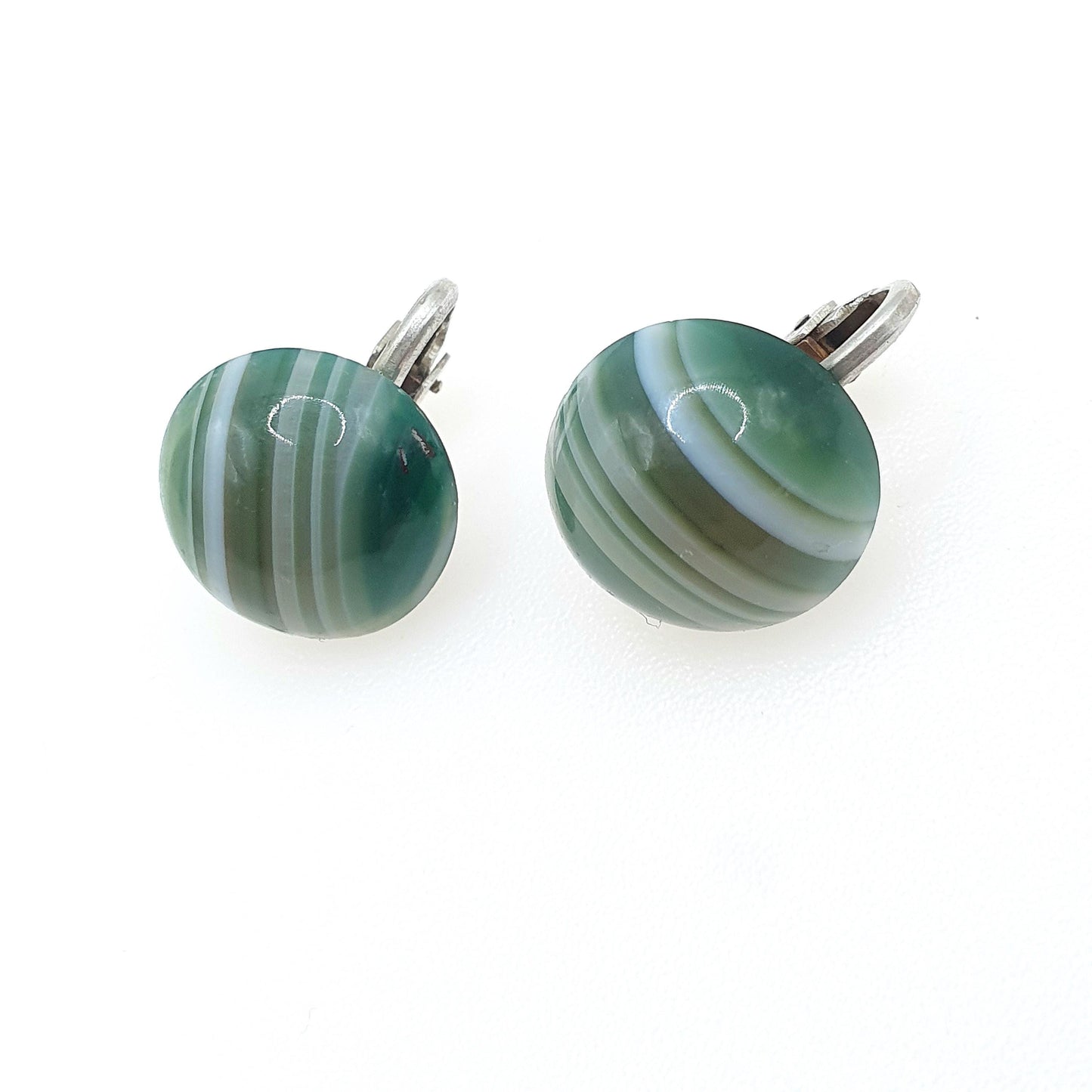 Antique Art Deco Green Agate Earrings Banded Striped Round Clip On Mens Unisex Gift Jewelry Jewellery Womens