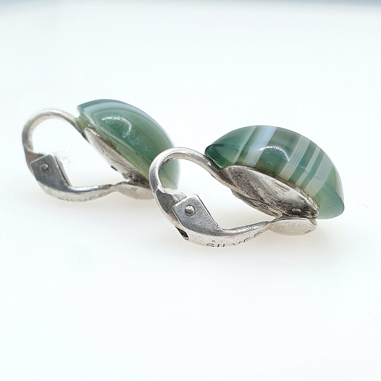 Antique Art Deco Green Agate Earrings Banded Striped Round Clip On Mens Unisex Gift Jewelry Jewellery Womens