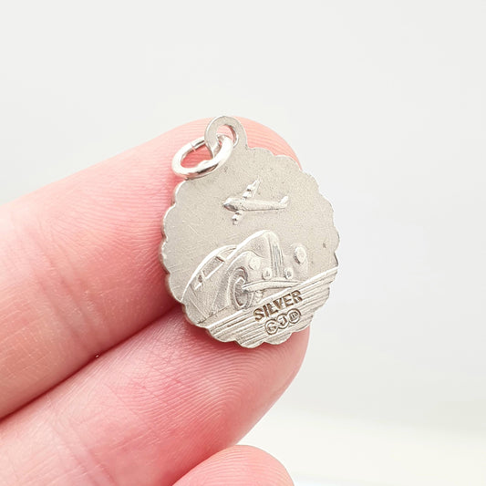 GEORG JENSEN Vintage Sterling Silver St Christopher Pendant Necklace Small Plane Car Double Sided Genuine Saint Jewellery Jewelry Women