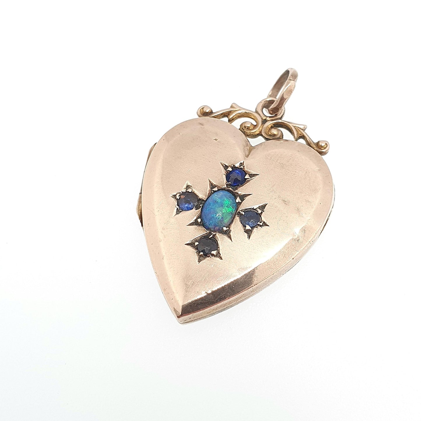 Antique 9ct 9k Gold Opal Heart Locket Blue Iolite Gemstone Pendant Back & Front Photo Vintage Jewelry Jewellery