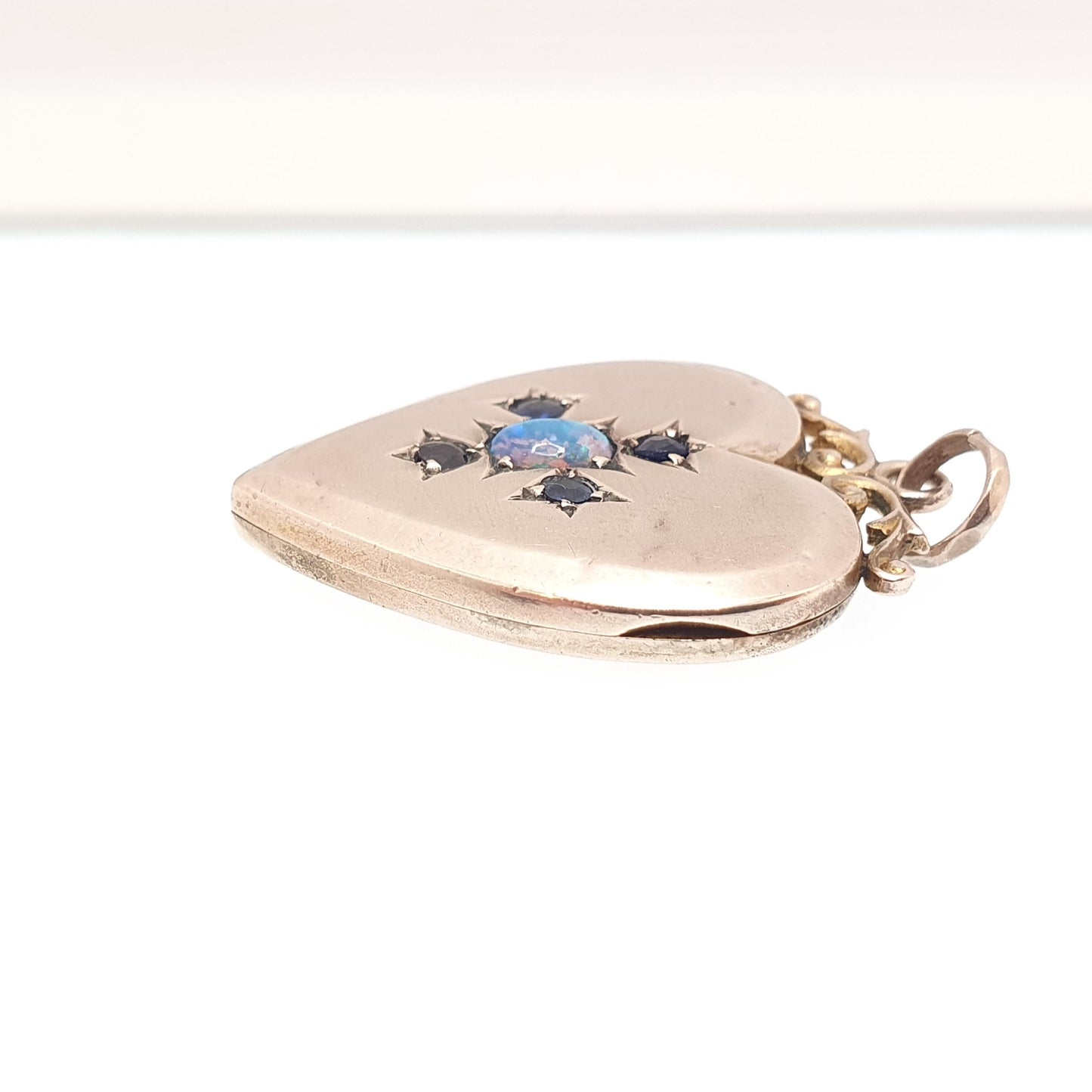Antique 9ct 9k Gold Opal Heart Locket Blue Iolite Gemstone Pendant Back & Front Photo Vintage Jewelry Jewellery