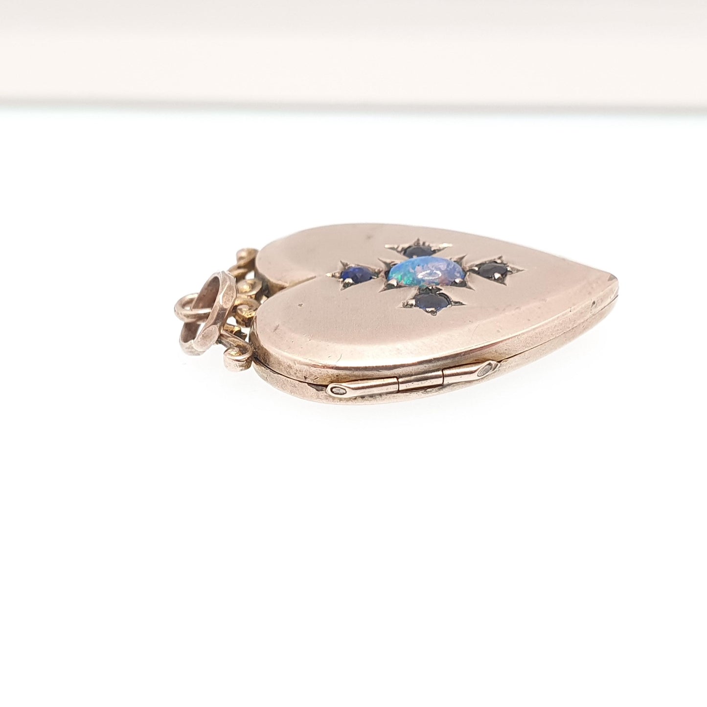 Antique 9ct 9k Gold Opal Heart Locket Blue Iolite Gemstone Pendant Back & Front Photo Vintage Jewelry Jewellery