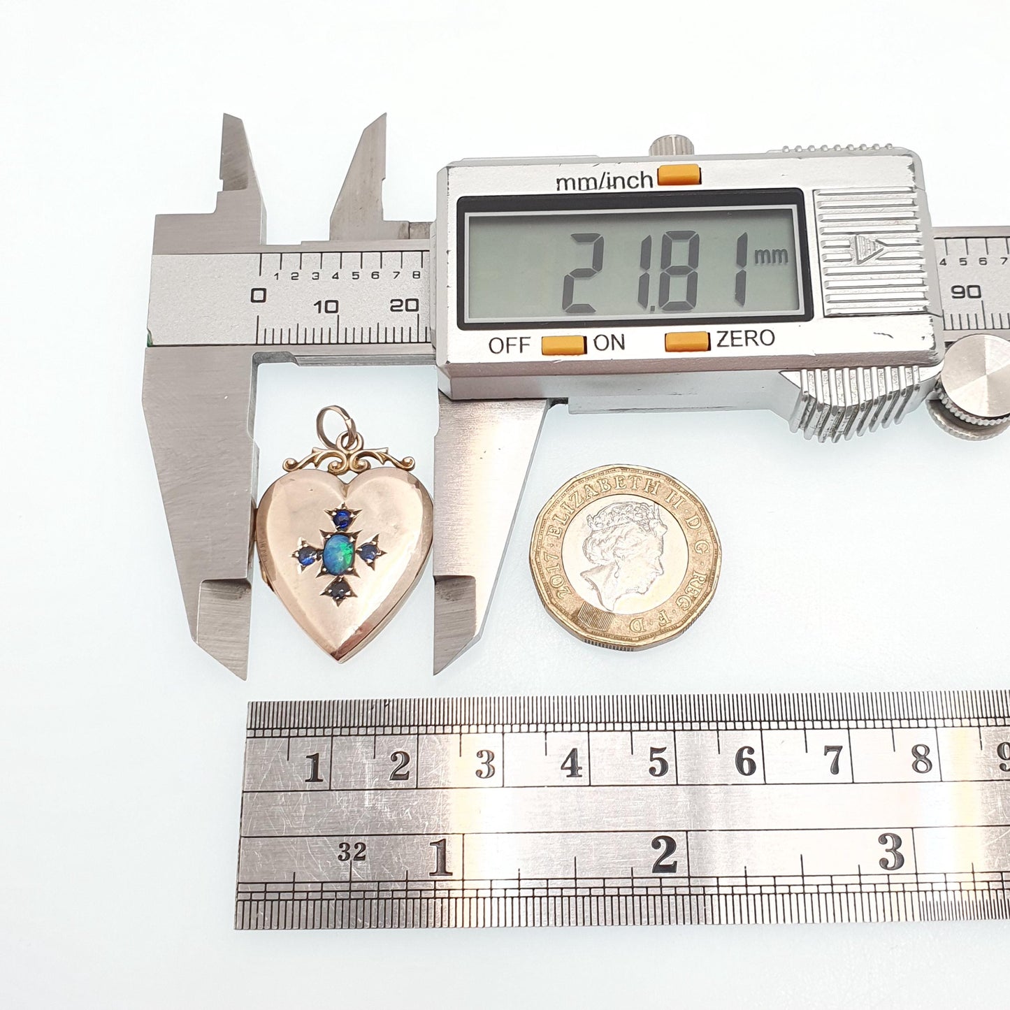 Antique 9ct 9k Gold Opal Heart Locket Blue Iolite Gemstone Pendant Back & Front Photo Vintage Jewelry Jewellery