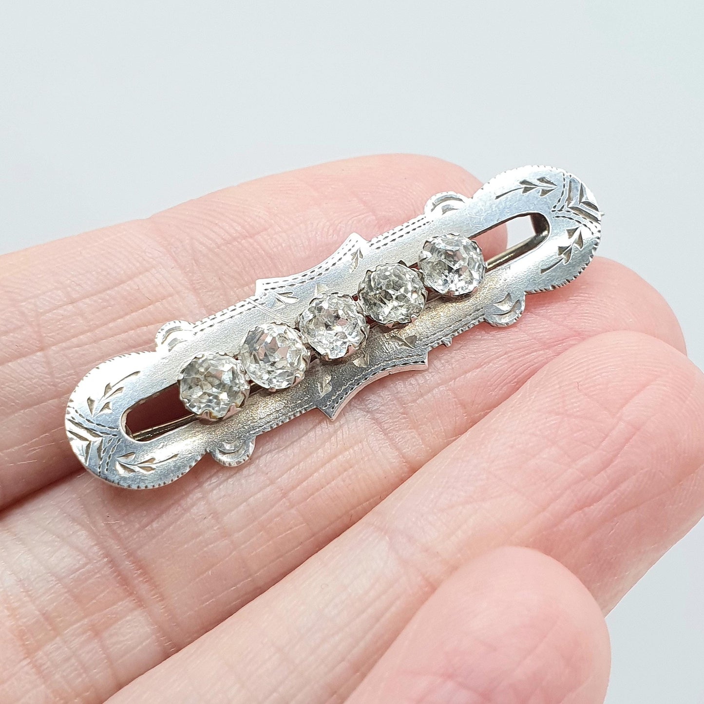 Antique Sterling Silver Diamond Paste Sweetheart Brooch 5 Pastes 1895 Hallmark Keepsake Vintage Womens Jewelry Jewellery