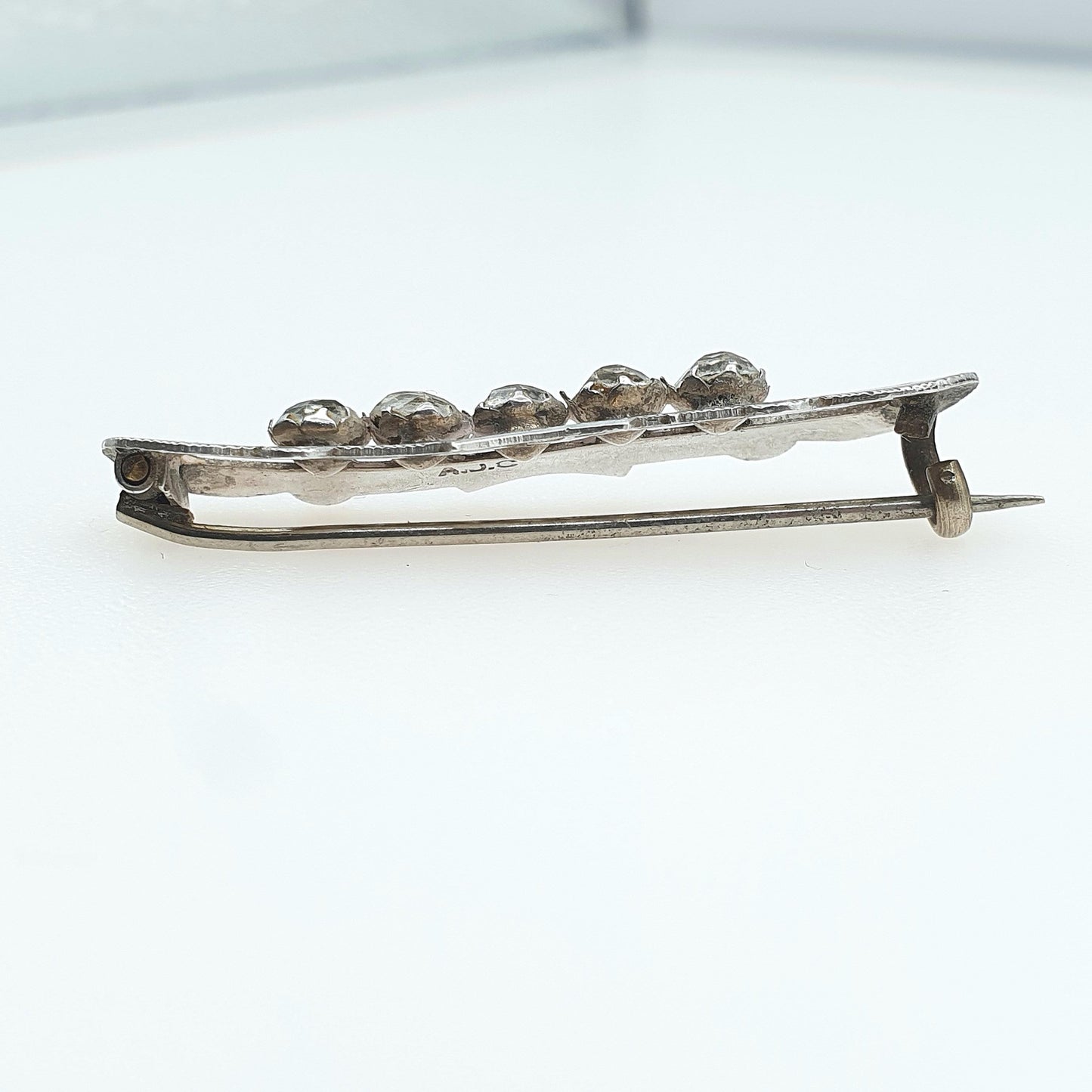 Antique Sterling Silver Diamond Paste Sweetheart Brooch 5 Pastes 1895 Hallmark Keepsake Vintage Womens Jewelry Jewellery
