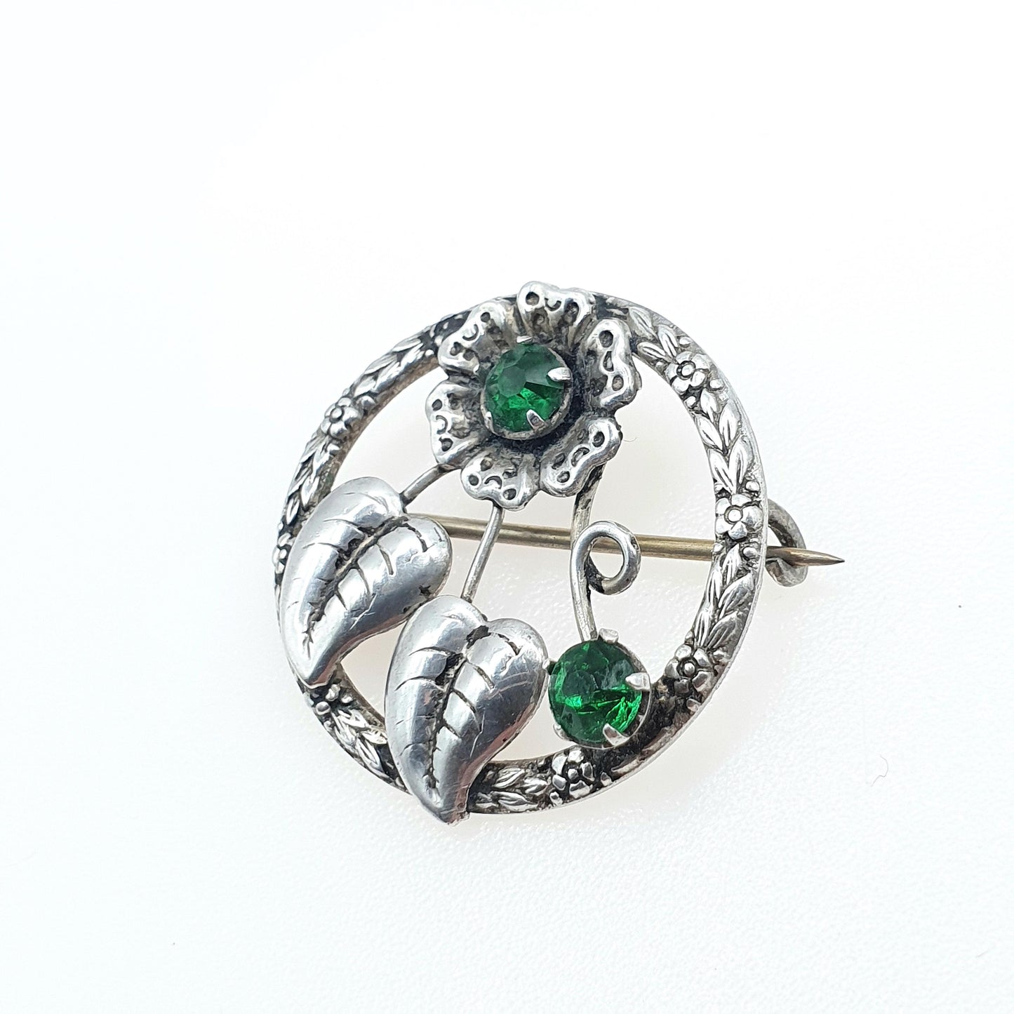 Antique Art Deco Sterling Silver Emerald Paste Flower Brooch Leaf Green Vintage Womens Unisex Mens Jewelry Jewellery