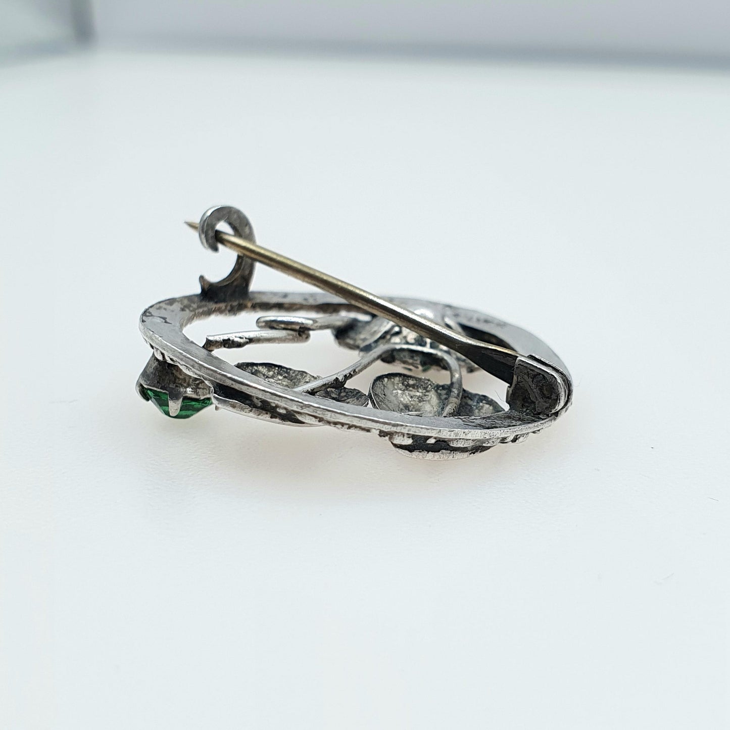 Antique Art Deco Sterling Silver Emerald Paste Flower Brooch Leaf Green Vintage Womens Unisex Mens Jewelry Jewellery