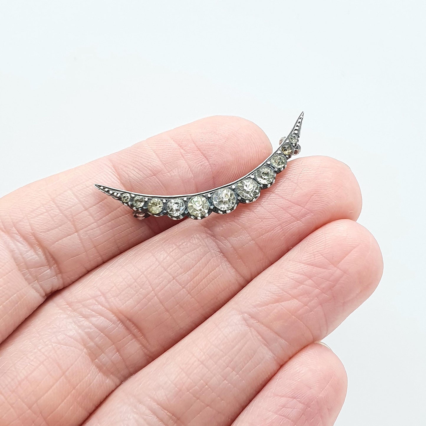 Antique Victorian Solid Silver Crescent Moon Diamond Paste Brooch Celestial Womens Mens Unisex Jewellery Jewelry
