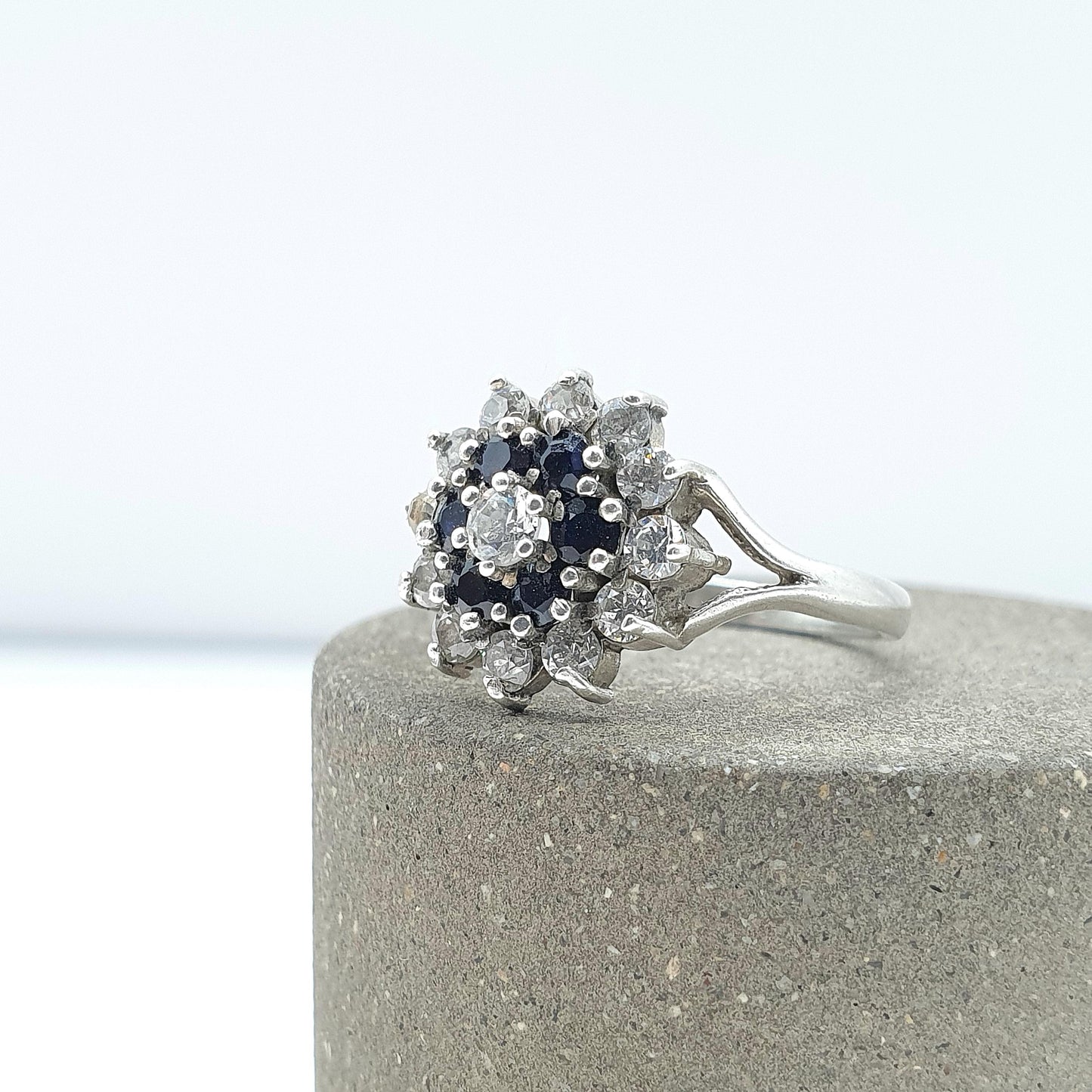 Vintage Sterling Silver Sapphire & CZ Cluster Ring Halo Blue and White Gemstones Gift Womens Jewellery Jewelry