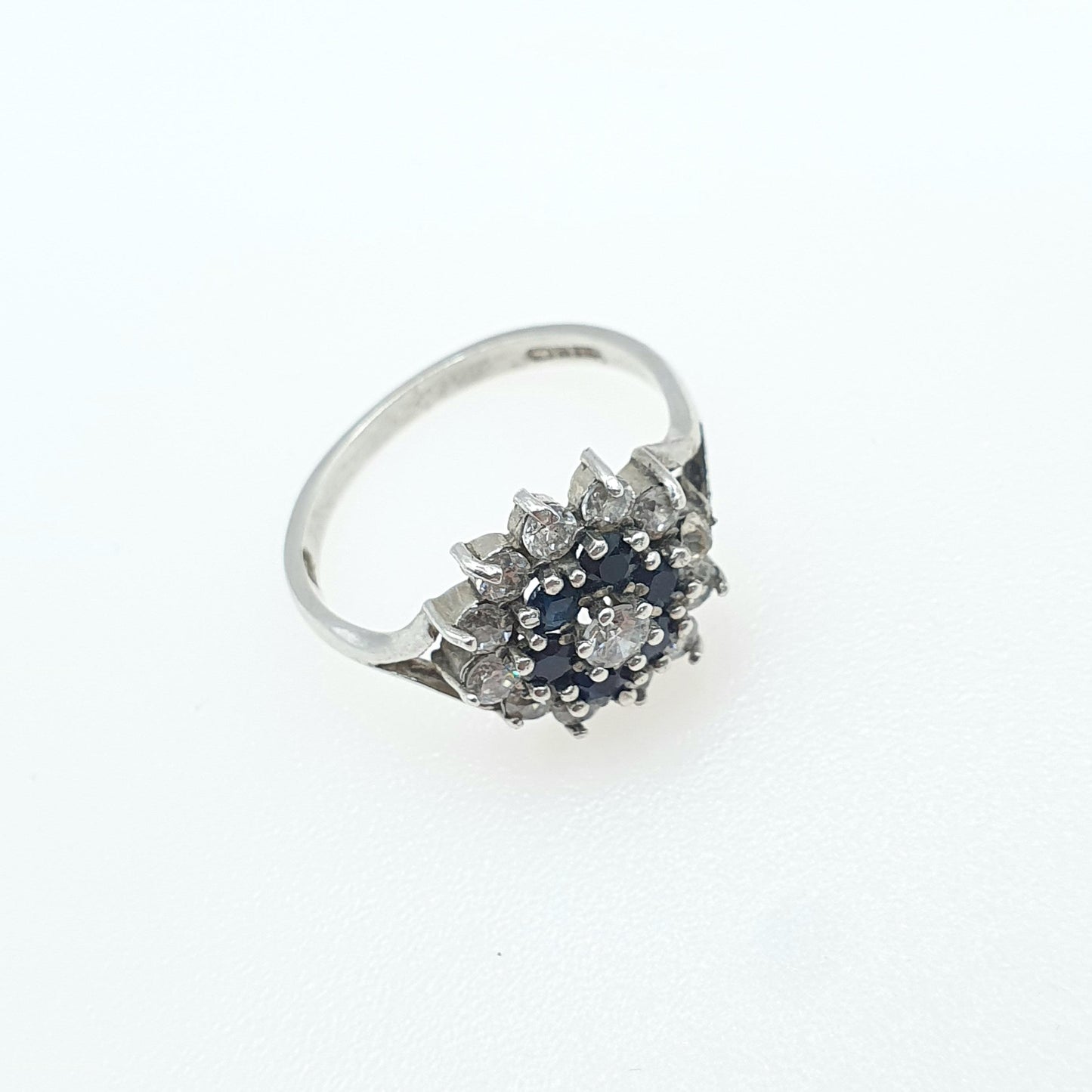 Vintage Sterling Silver Sapphire & CZ Cluster Ring Halo Blue and White Gemstones Gift Womens Jewellery Jewelry