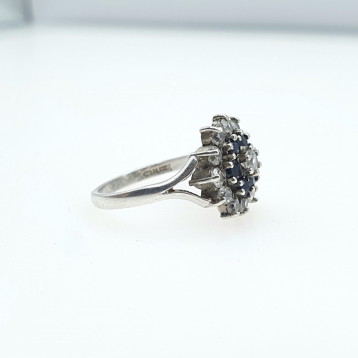Vintage Sterling Silver Sapphire & CZ Cluster Ring Halo Blue and White Gemstones Gift Womens Jewellery Jewelry