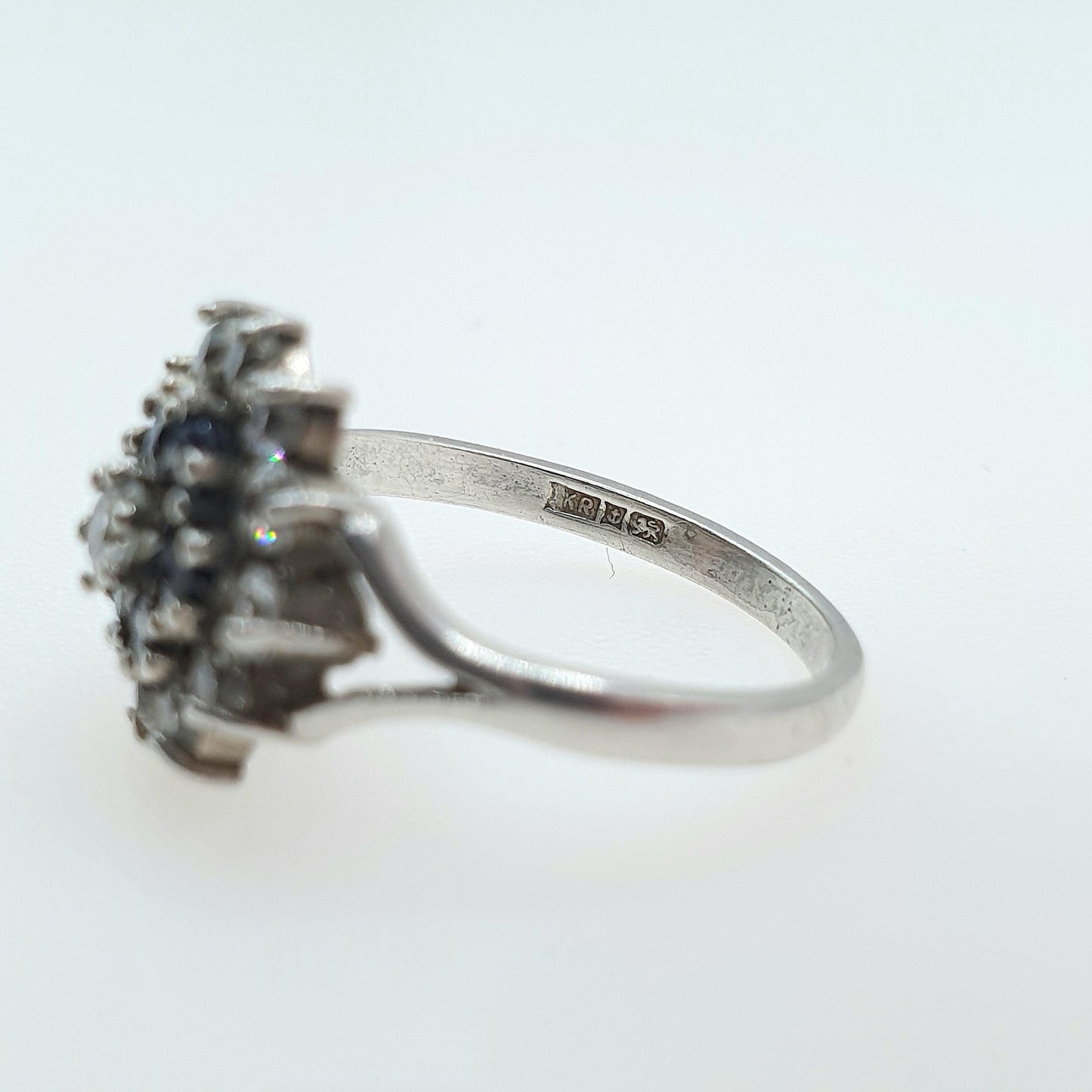 Vintage Sterling Silver Sapphire & CZ Cluster Ring Halo Blue and White Gemstones Gift Womens Jewellery Jewelry