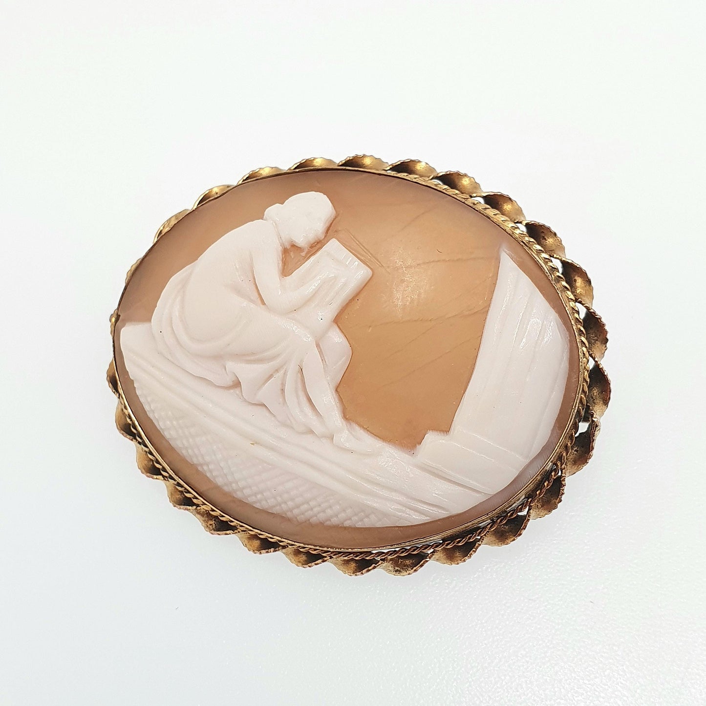 Antique Lyre Cameo Brooch Roman Column Gold Gilt Hand Carved Genuine Shell Jewelry 1920s Art Deco Jewellery Vintage