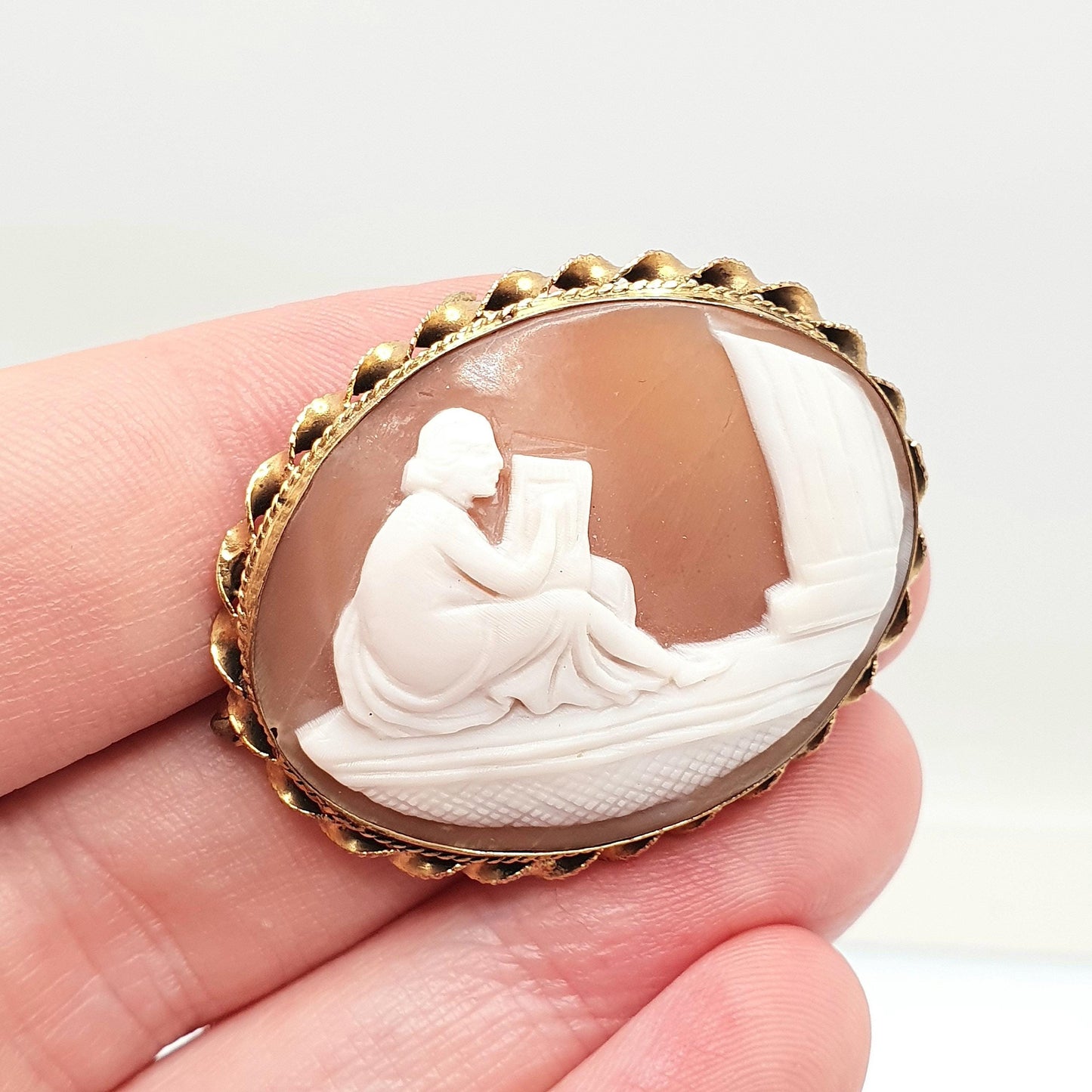 Antique Lyre Cameo Brooch Roman Column Gold Gilt Hand Carved Genuine Shell Jewelry 1920s Art Deco Jewellery Vintage