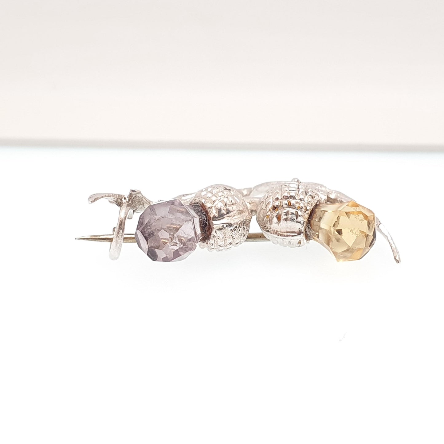 Antique Sterling Silver Citrine & Amethyst Thistle Brooch Genuine Gemstones Quartz Scottish 1903 Hallmark Vintage Jewelry Jewellery