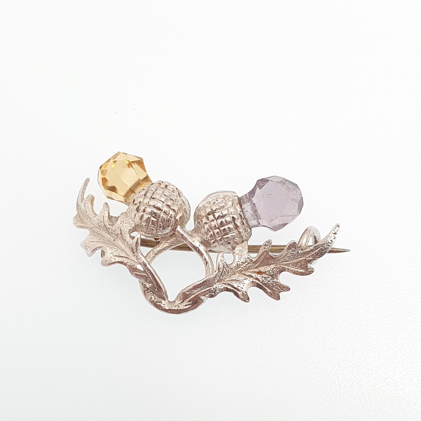 Antique Sterling Silver Citrine & Amethyst Thistle Brooch Genuine Gemstones Quartz Scottish 1903 Hallmark Vintage Jewelry Jewellery