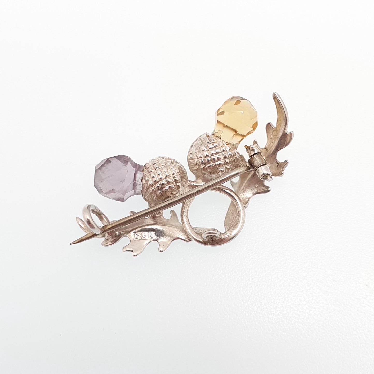 Antique Sterling Silver Citrine & Amethyst Thistle Brooch Genuine Gemstones Quartz Scottish 1903 Hallmark Vintage Jewelry Jewellery