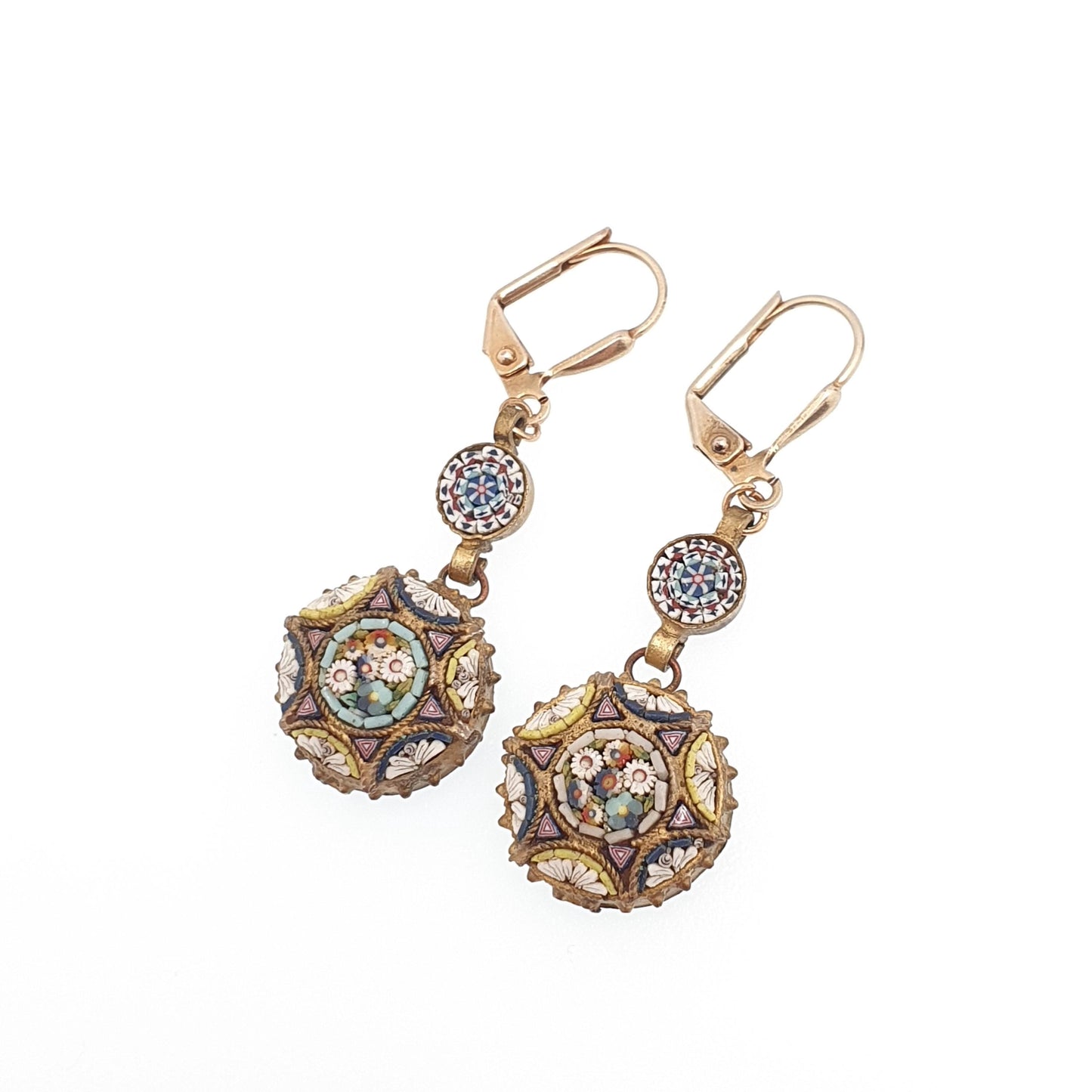 Antique Micro Mosaic Earrings Micromosaic Round Hook Drop Millefiori Gold Gilt Handmade Italian Genuine Vintage Jewelry Jewellery
