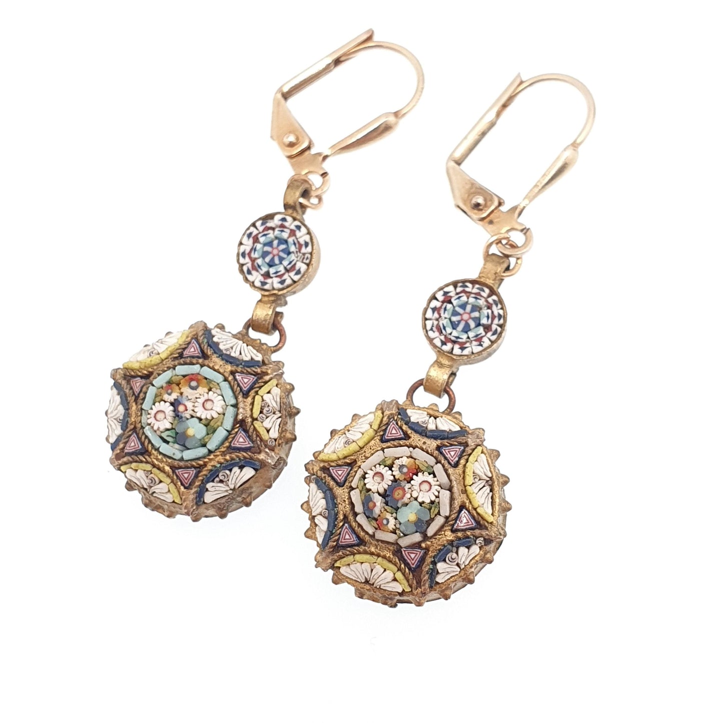 Antique Micro Mosaic Earrings Micromosaic Round Hook Drop Millefiori Gold Gilt Handmade Italian Genuine Vintage Jewelry Jewellery